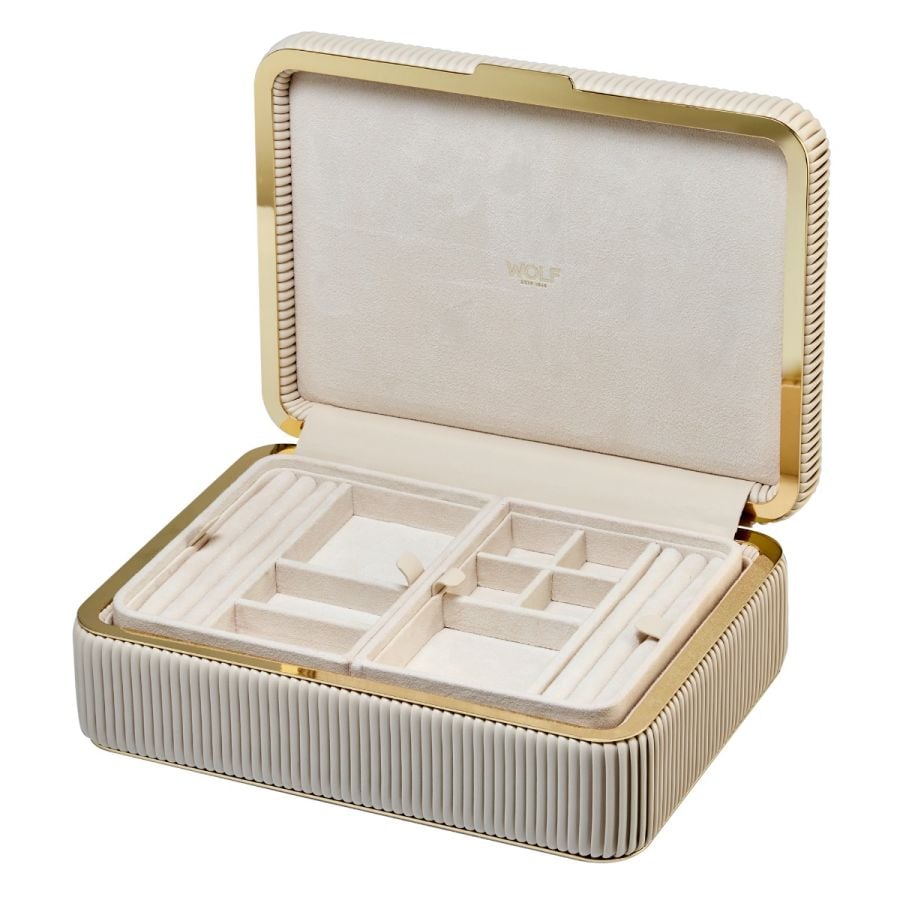 Coffret à bijoux beige à rayures 
 boite Élégante pour femme avec finition dorée