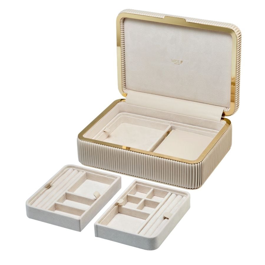 Coffret à bijoux beige à rayures 
 boite Élégante pour femme avec finition dorée