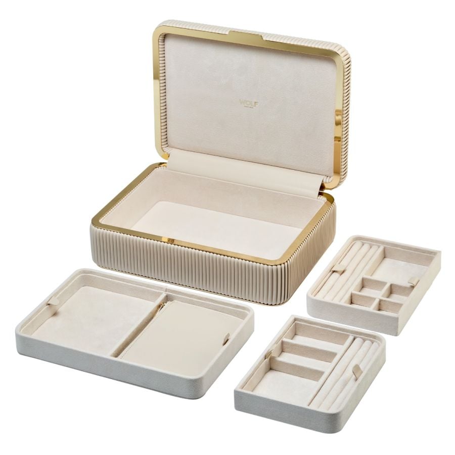 Coffret à bijoux beige à rayures 
 boite Élégante pour femme avec finition dorée