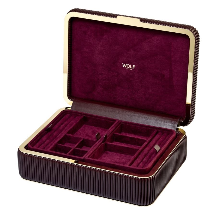 Coffret à bijoux bordeaux à rayures boite élégante pour femme avec finition Dorée