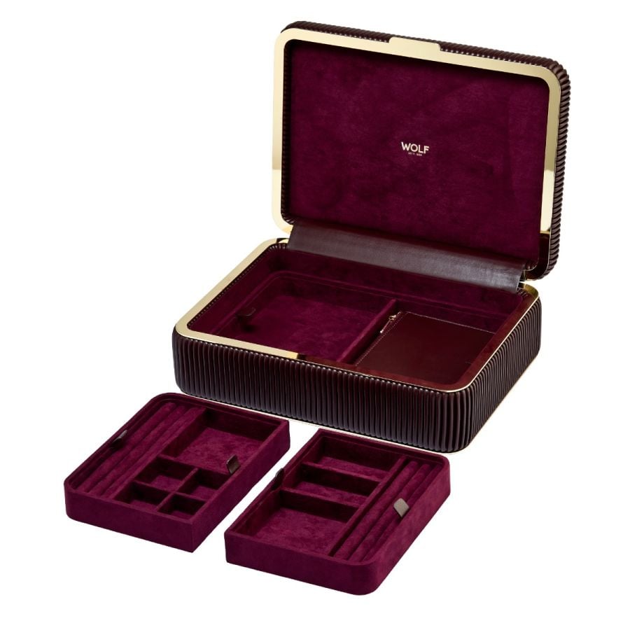 Coffret à bijoux bordeaux à rayures boite élégante pour femme avec finition Dorée