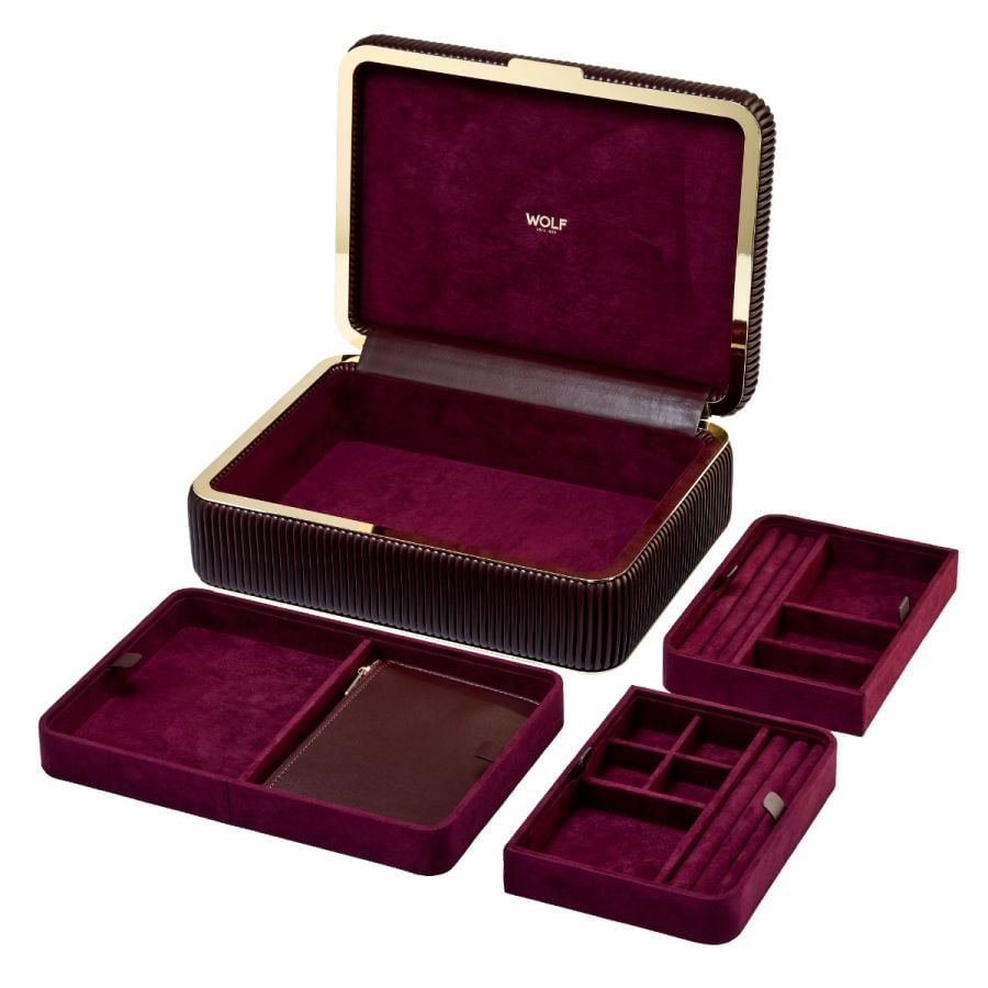 Coffret à bijoux bordeaux à rayures boite élégante pour femme avec finition Dorée