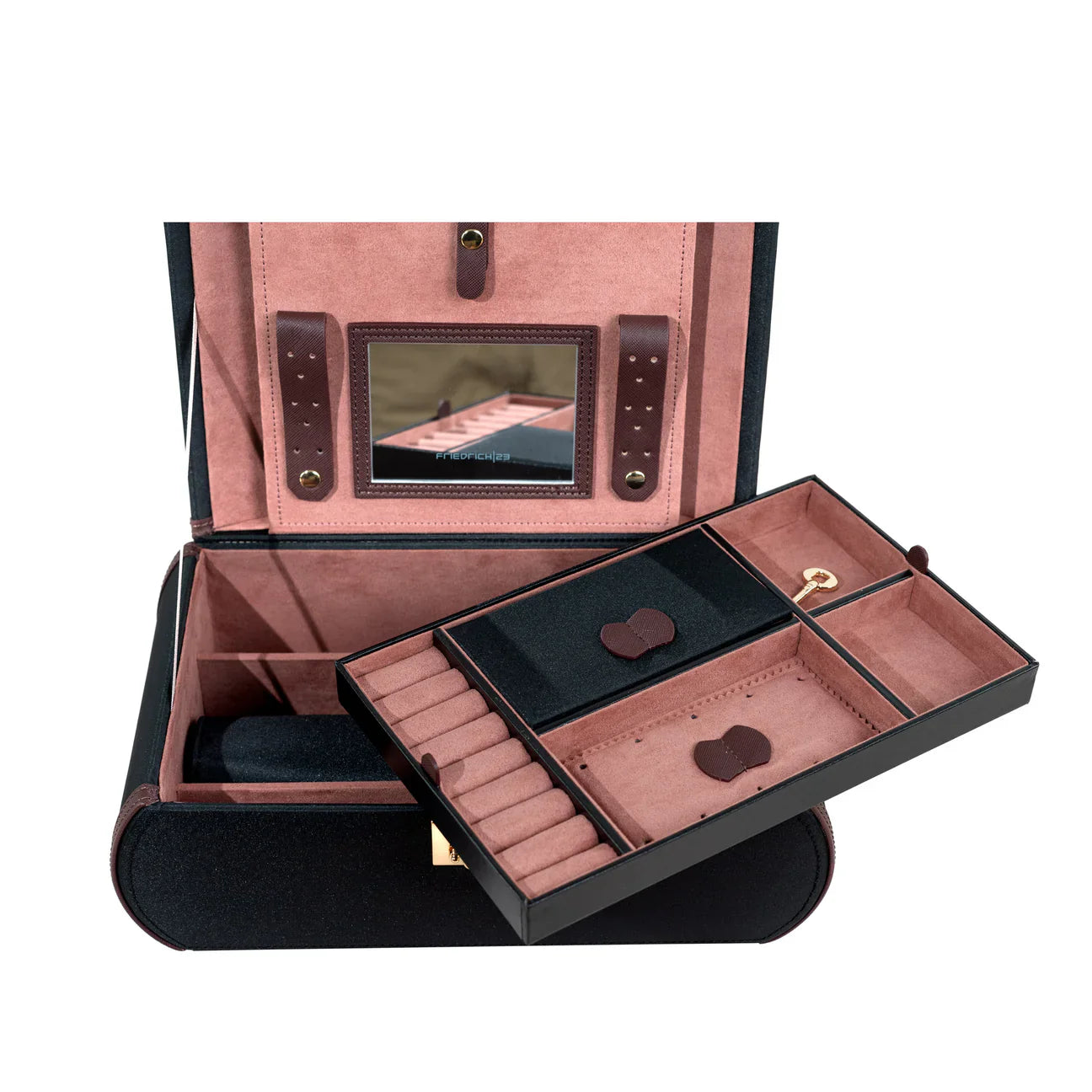 Boite à bijoux FRIEDRICH|23 en cuir noir avec intérieur rose, miroir intégré et plateau amovible doté de multiples compartiments de rangement