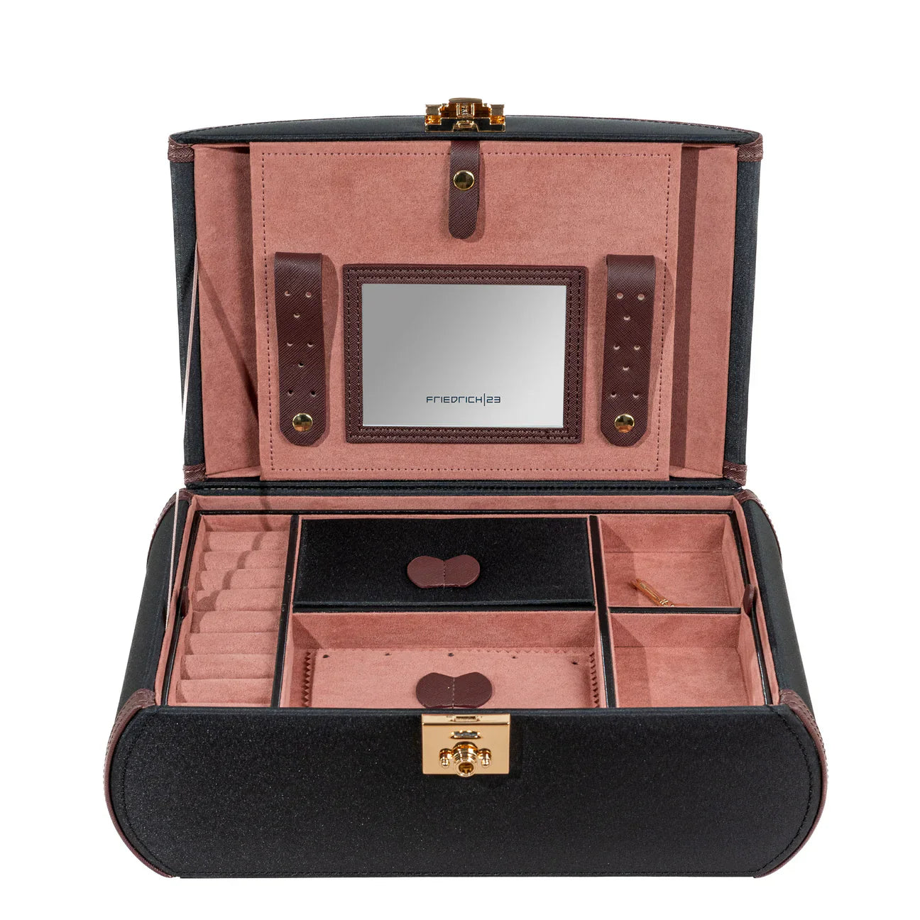 Boite à bijoux FRIEDRICH|23 en cuir noir avec intérieur rose, miroir intégré et plateau amovible doté de multiples compartiments de rangement