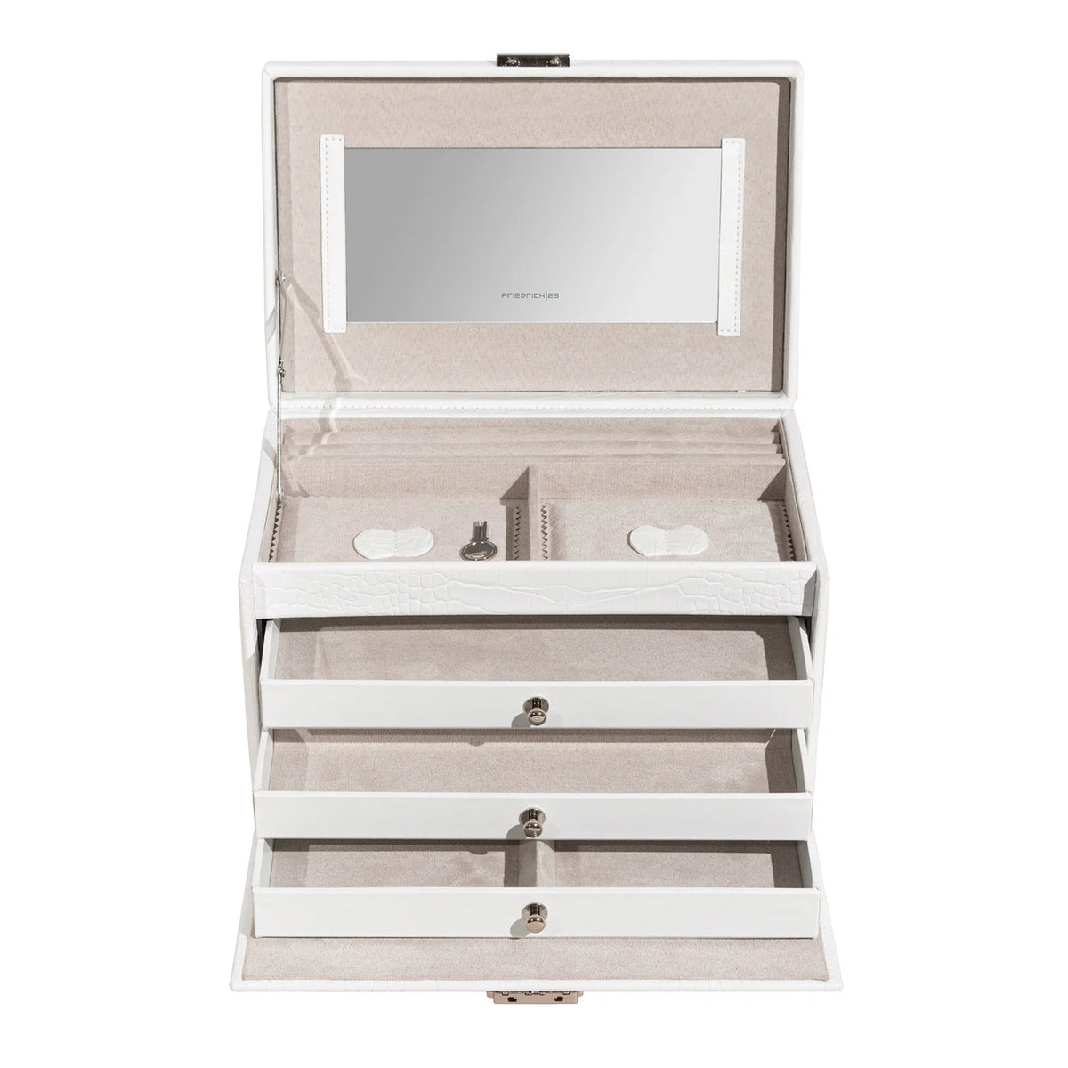 Grand coffret à bijoux Friedrich|23 blanc effet croco, avec miroir intérieur, multiples compartiments et tiroirs de rangement