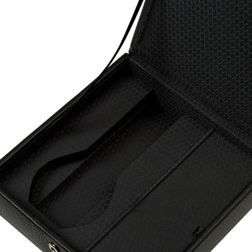 Intérieur d’un étui à montre noir avec compartiments et doublure texturée