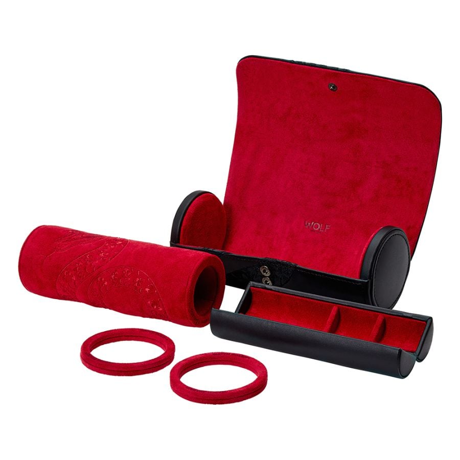 Étui montre Lunar ouvert, intérieur en velours rouge, compartiment triple détaché, coussin cylindrique décoré retiré et deux anneaux amovibles posés devant