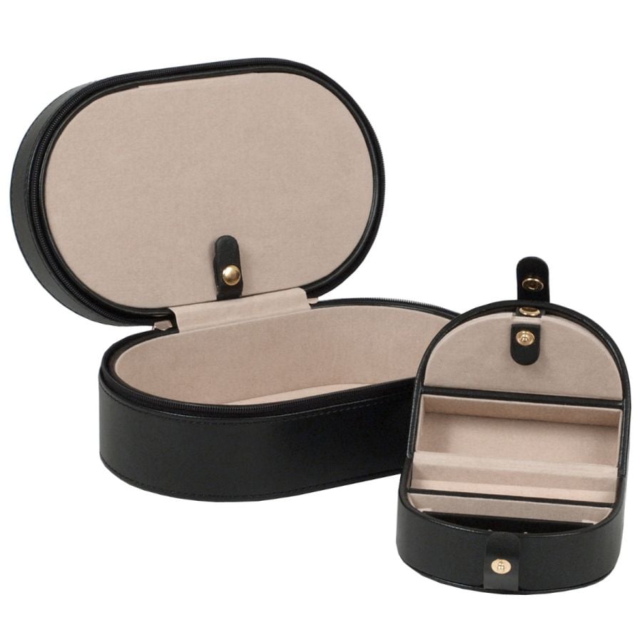 Étui zippé ovale noir avec intérieur beige et mini coffret assorti ouvert
