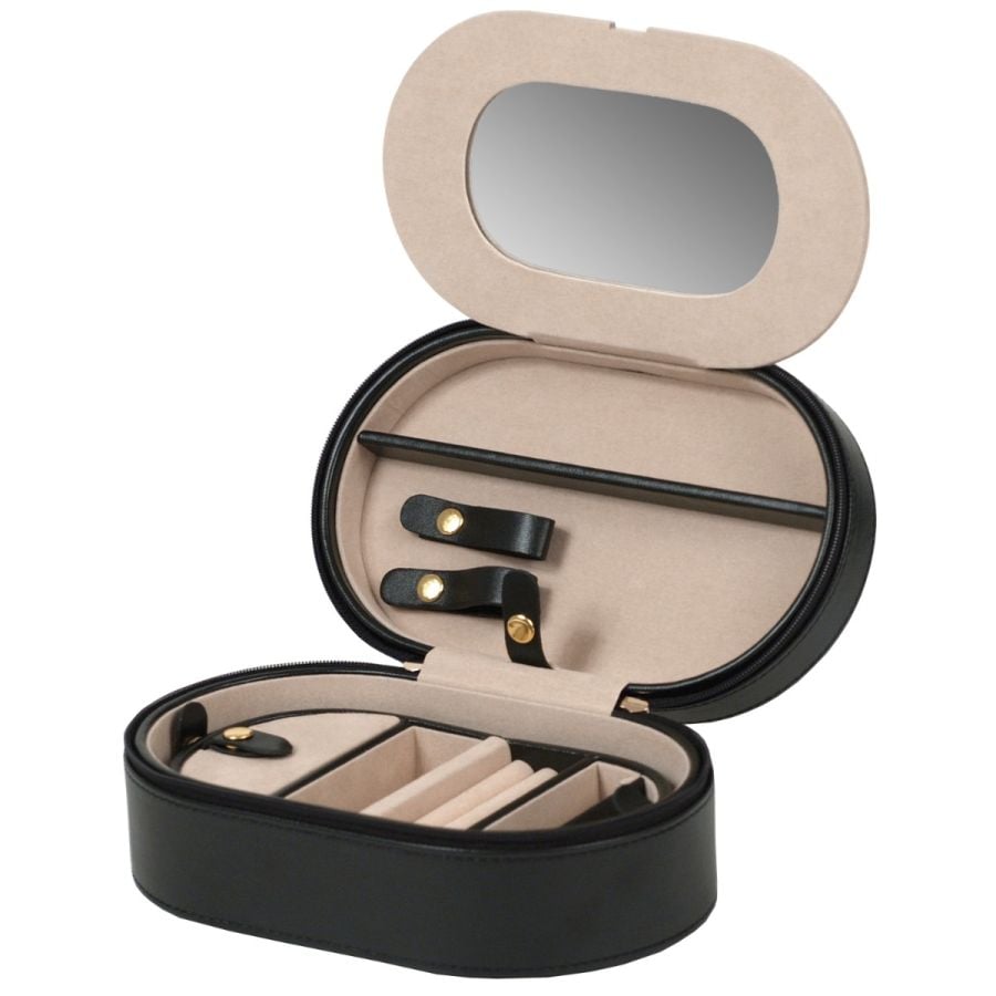 Étui zippé ovale noir avec intérieur beige