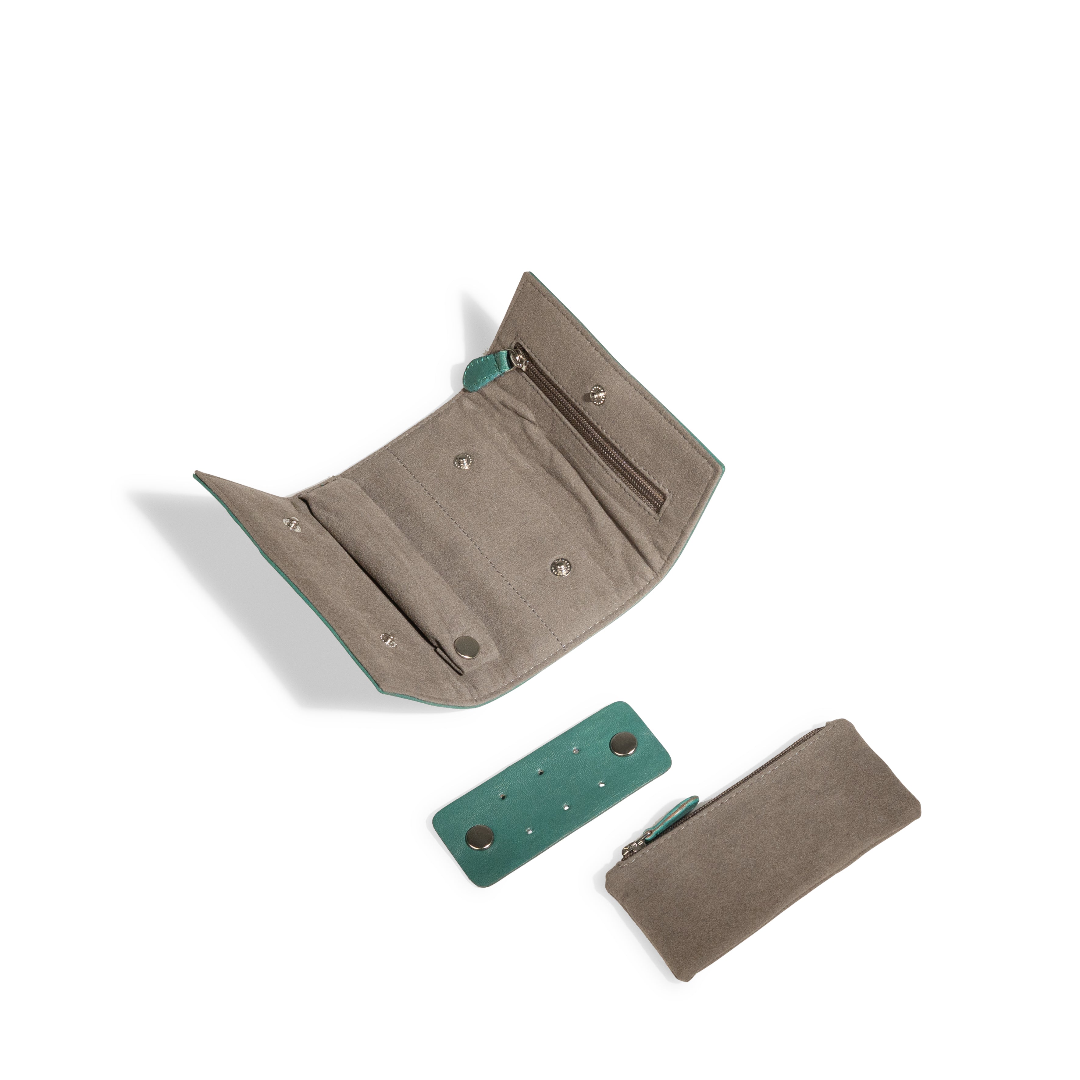 Pochette en cuir véritable Sienna, cuir véritable, vert turquoise, vue ouverte avec accessoires