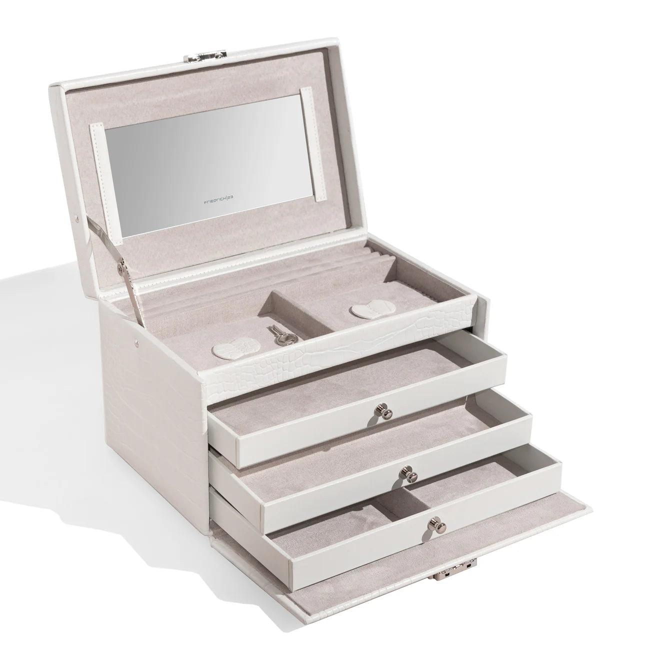 Grand coffret à bijoux Friedrich|23 blanc effet croco, avec miroir intérieur, multiples compartiments et tiroirs de rangement