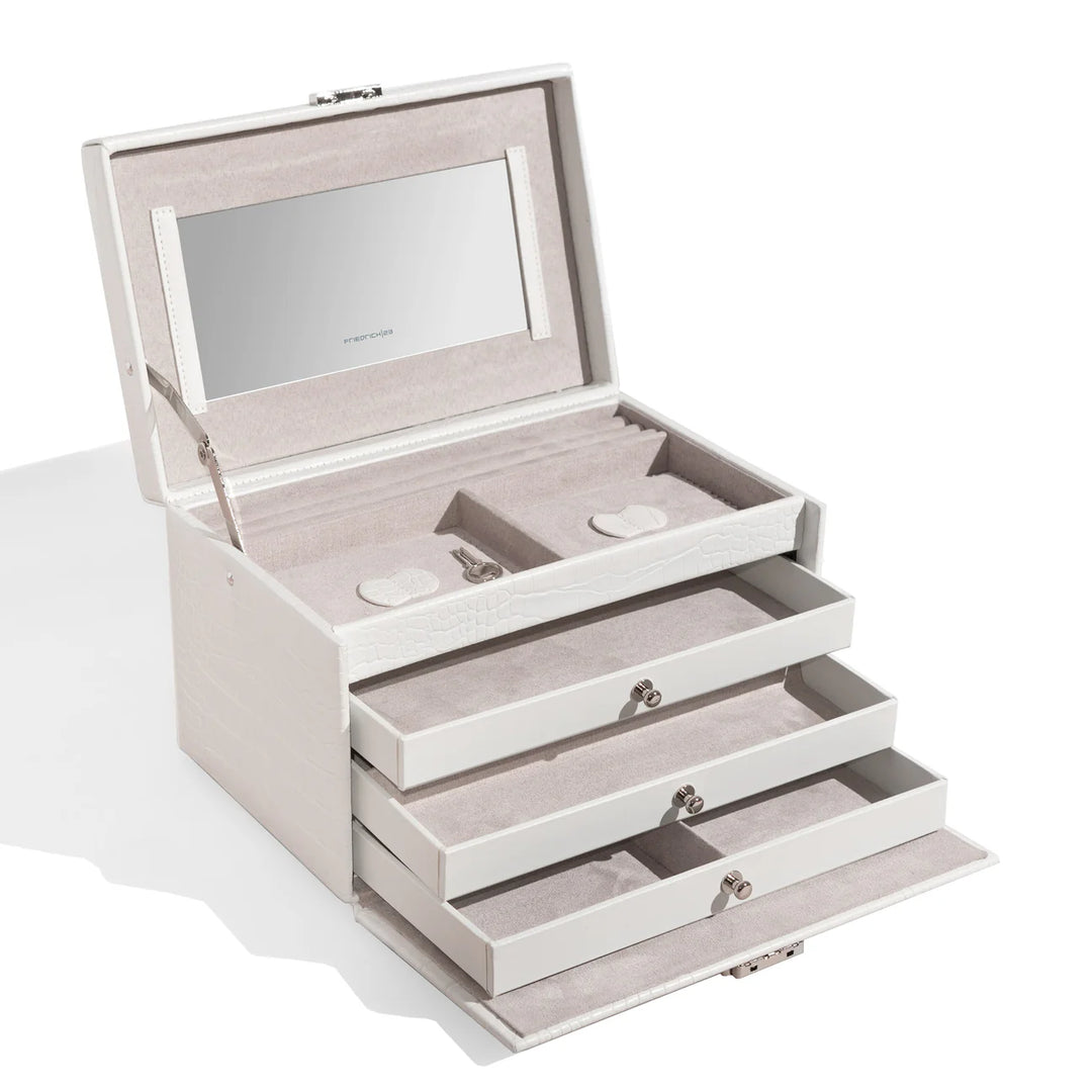 Grand coffret à bijoux Friedrich|23 blanc effet croco, avec miroir intérieur, multiples compartiments et tiroirs de rangement