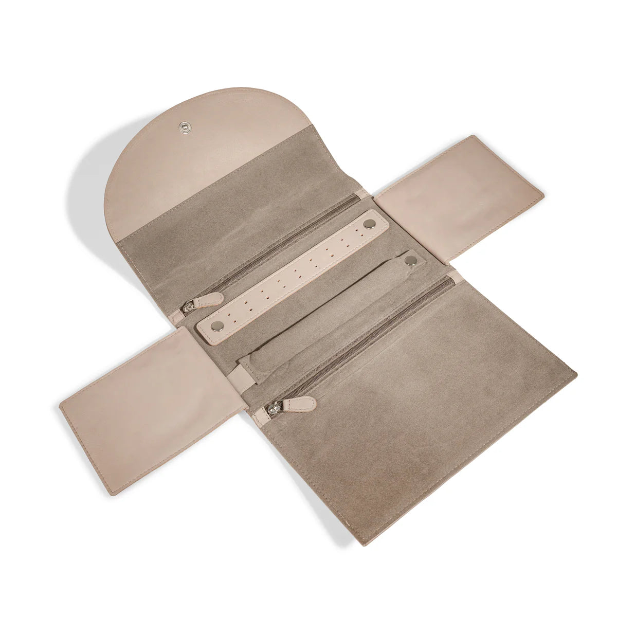 Grand étui à bijoux de voyage en cuir véritable Sienna, beige cappuccino, vue ouverte à plat