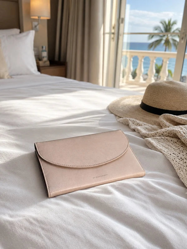 Grand étui à bijoux de voyage en cuir véritable Sienna, beige cappuccino, posé sur un lit d'un hotel avec vue mer