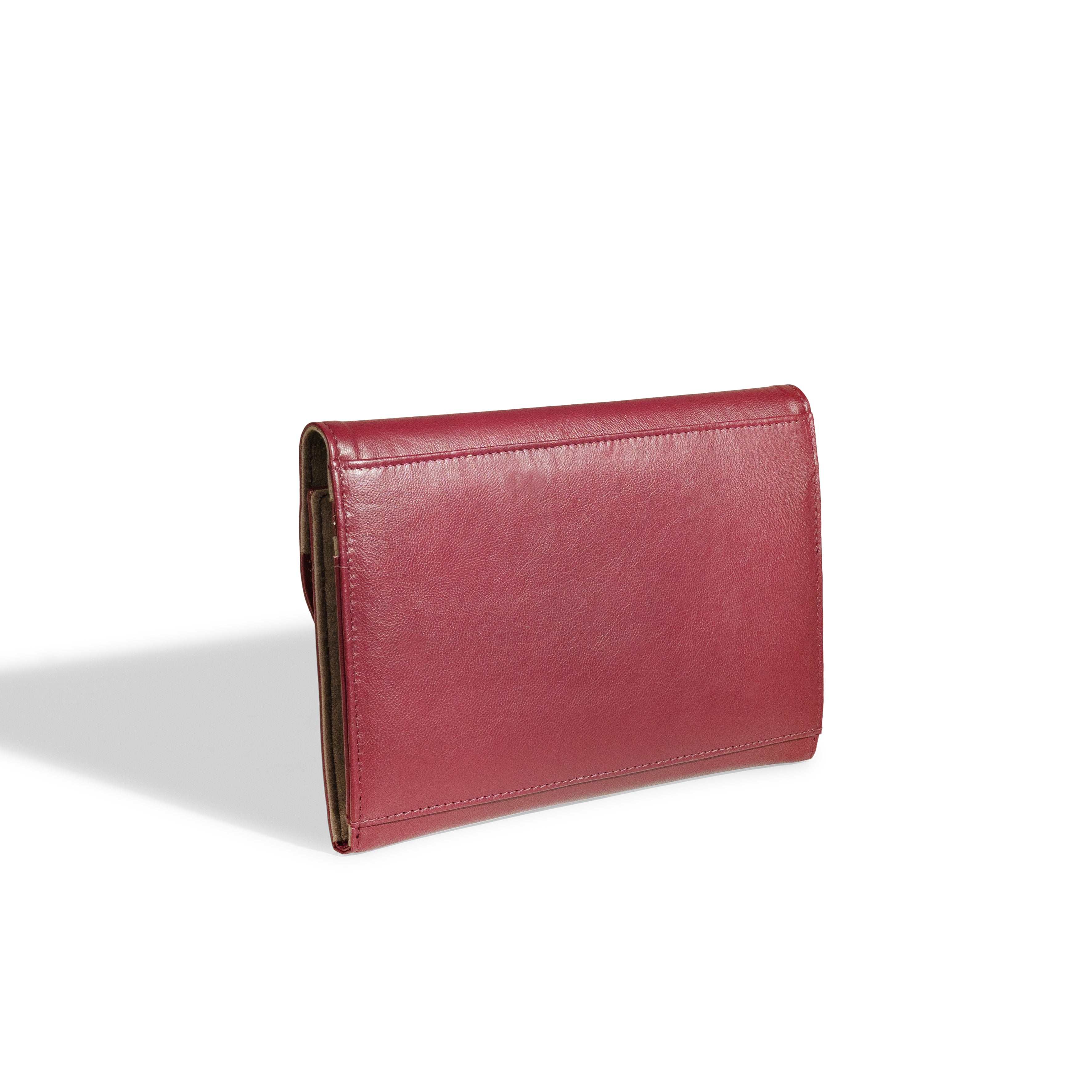 Grand étui à bijoux de voyage en cuir véritable Sienna, bordeaux, vue fermée, de dos, posé sur la tranche