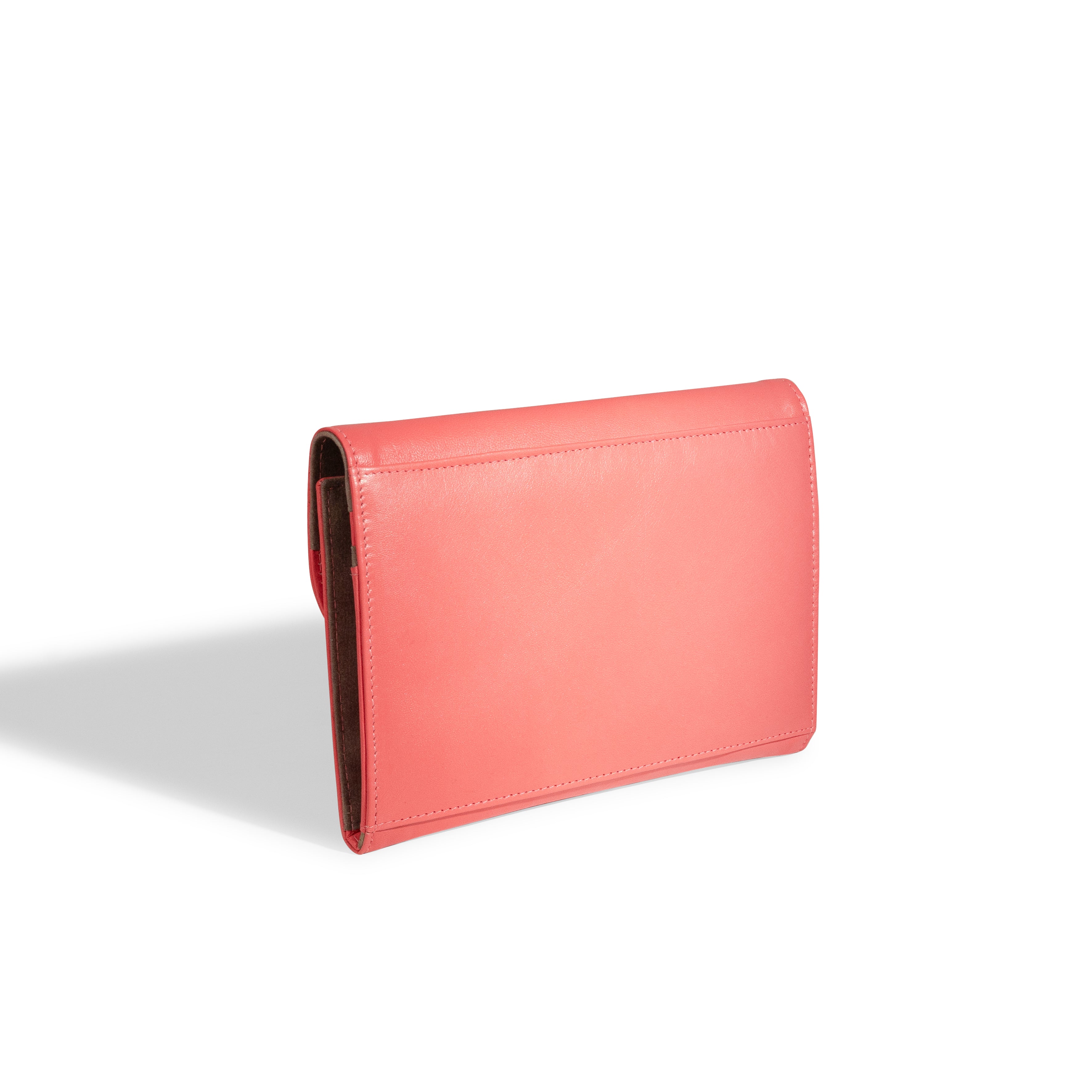 Grand étui à bijoux de voyage en cuir véritable Sienna, rose corail, vue fermée dos transverse