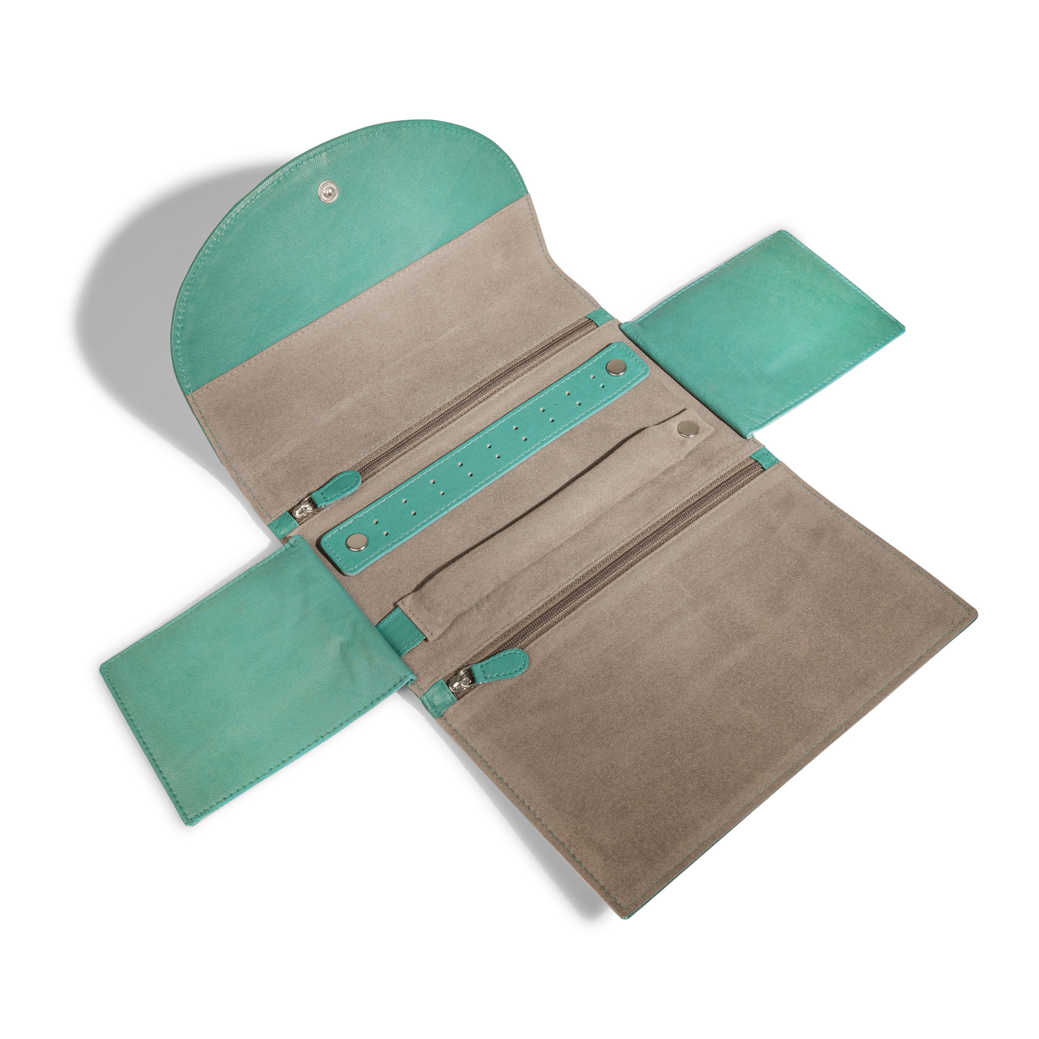 Grand étui à bijoux de voyage en cuir véritable Sienna, vert turquoise, vue ouverte