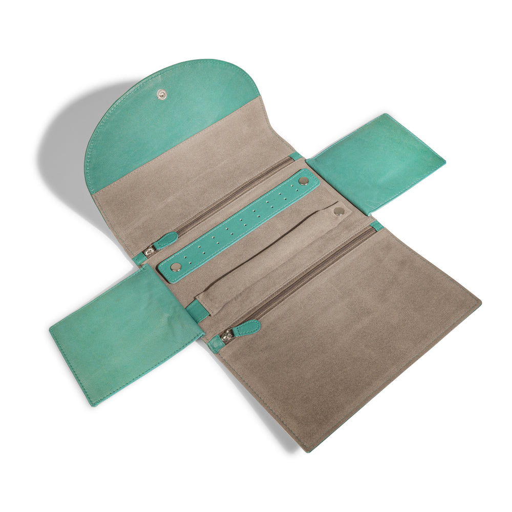 Grand étui à bijoux de voyage en cuir véritable Sienna, vert turquoise, vue ouverte