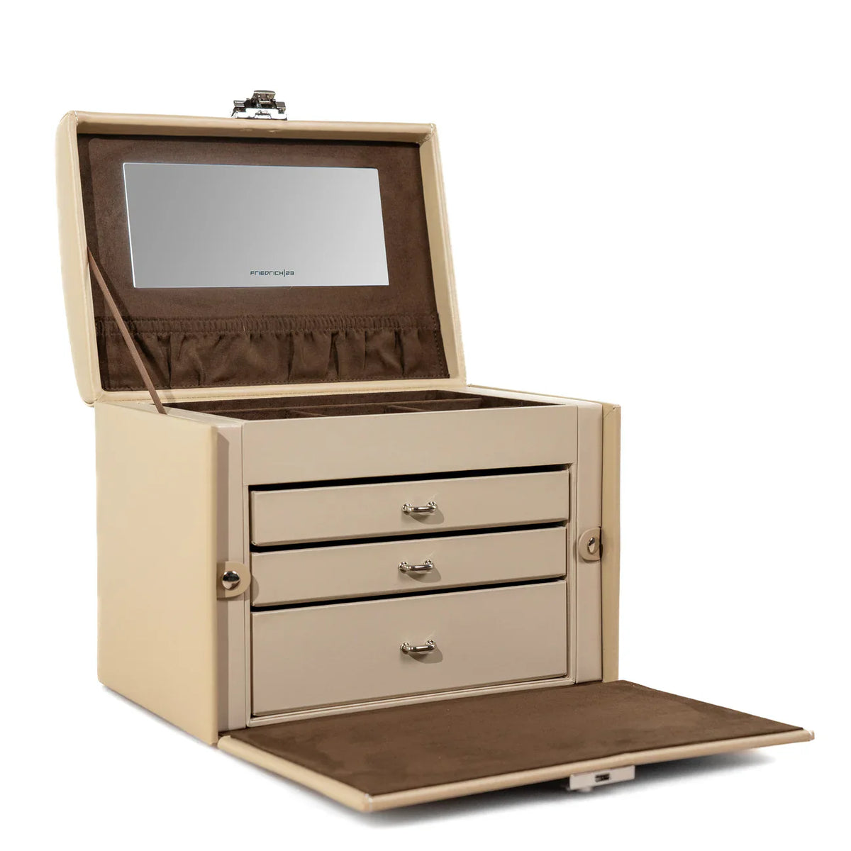 Grande boite à bijoux beige et marron ouverte avec miroir et tiroirs, marque Friedrich23