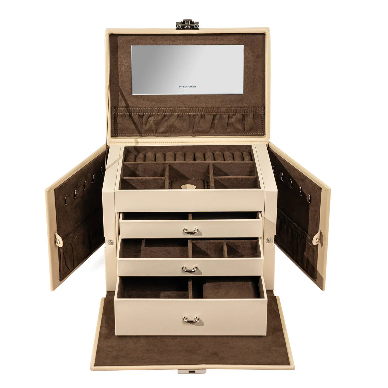 Grande boite à bijoux beige et marron ouverte avec miroir et tiroirs, marque Friedrich23