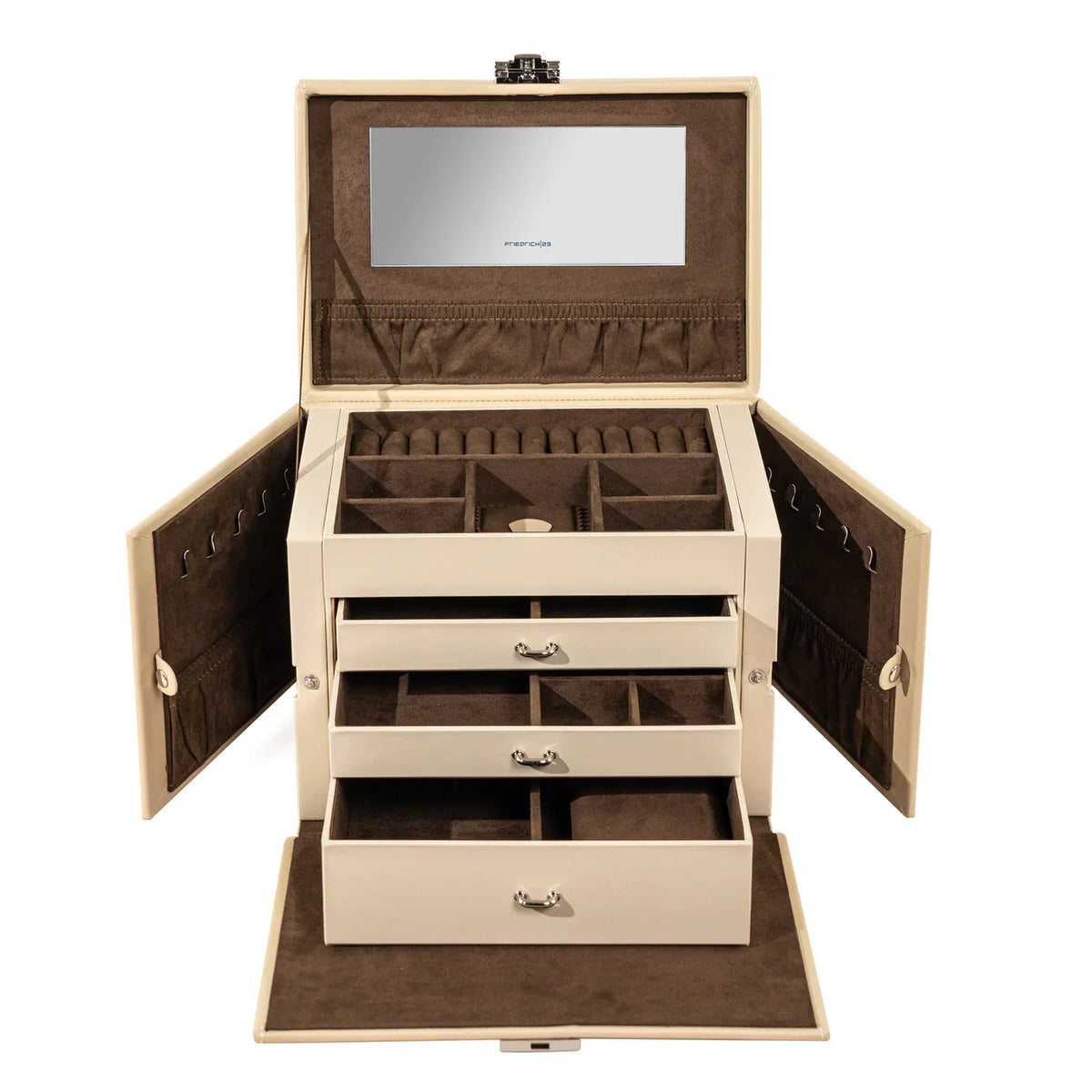 Grande boite à bijoux beige et marron ouverte avec miroir et tiroirs, marque Friedrich23