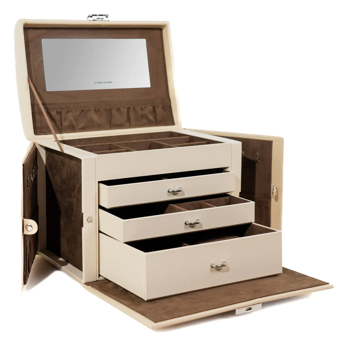 Grande boite à bijoux beige et marron ouverte avec miroir et tiroirs, marque Friedrich23