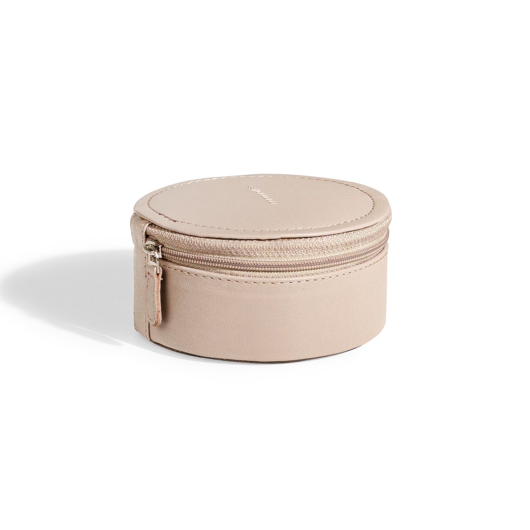 Mini boite à bijoux ronde en cuir véritable Sienna, beige cappuccino, vue fermée et transverse