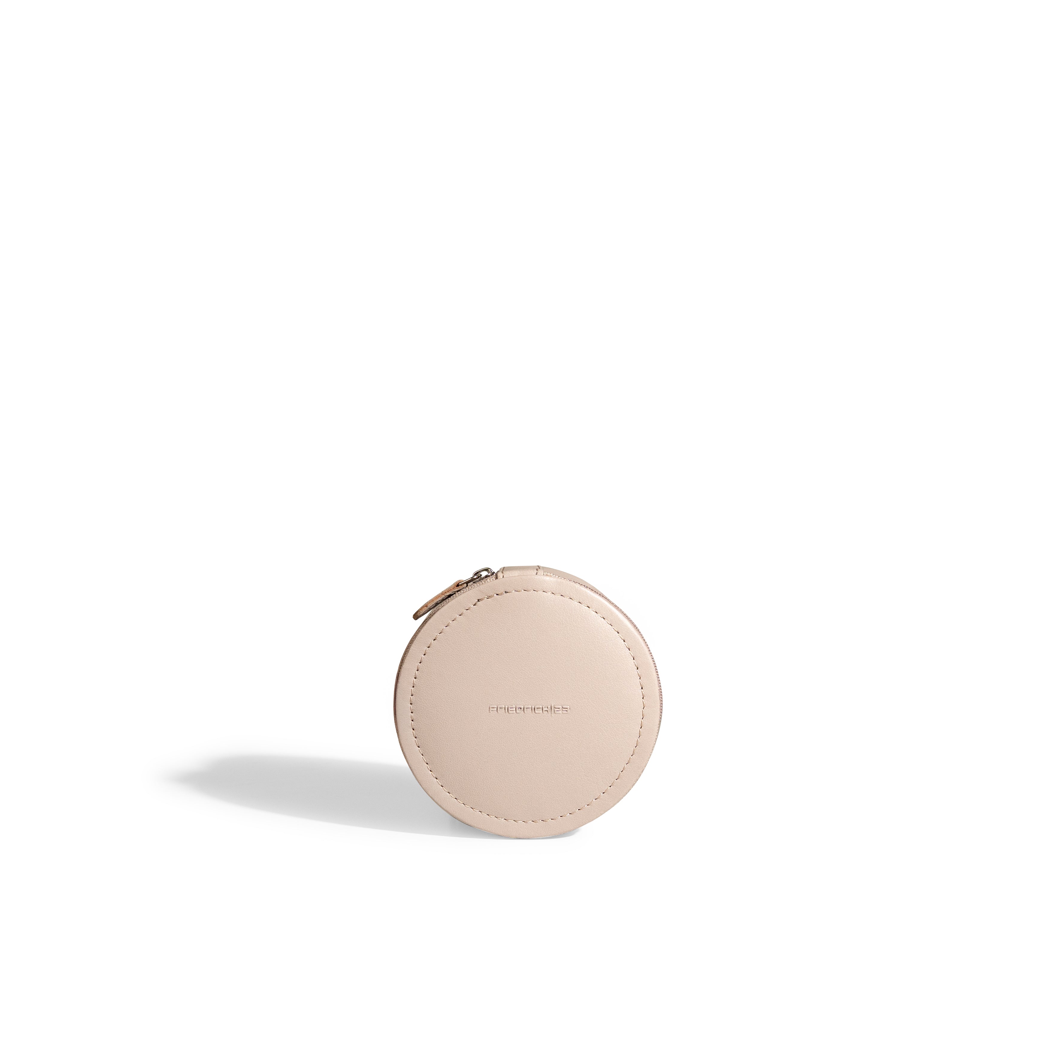 Mini boite à bijoux ronde en cuir véritable Sienna, beige cappuccino, vue fermée