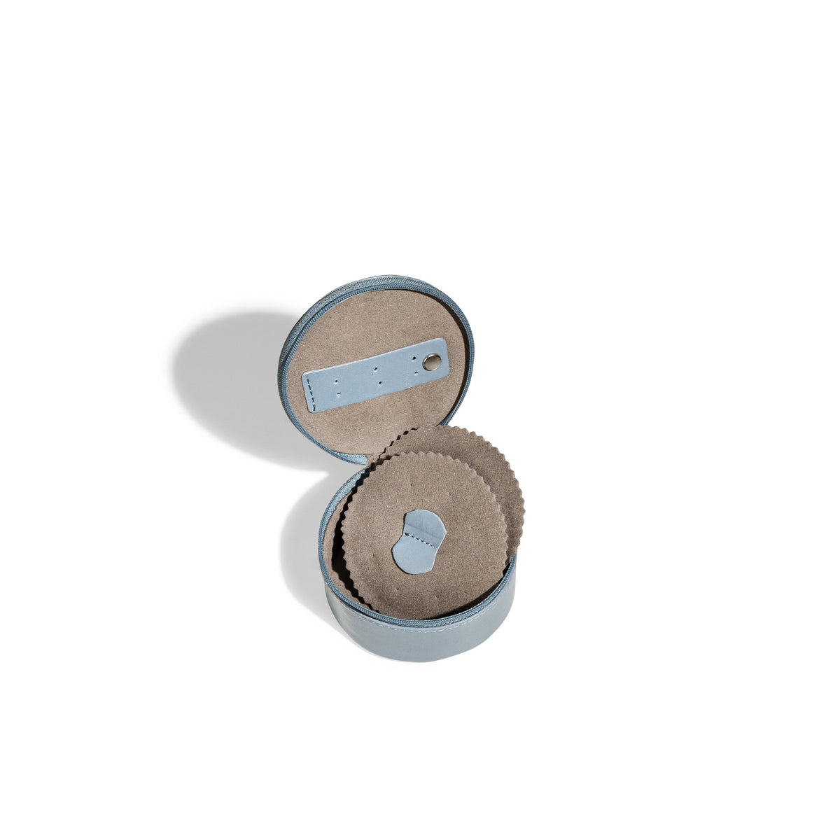 Mini boite à bijoux ronde en cuir véritable Sienna, bleu clair, vue ouverte
