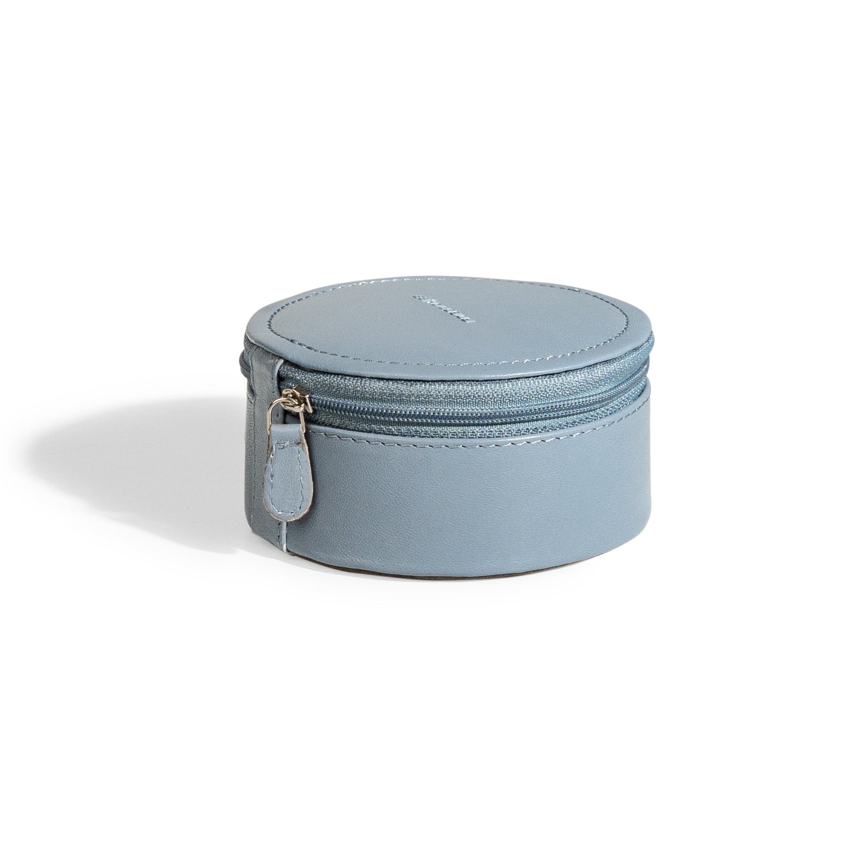 Mini boite à bijoux ronde en cuir véritable Sienna, bleu clair, vue fermée