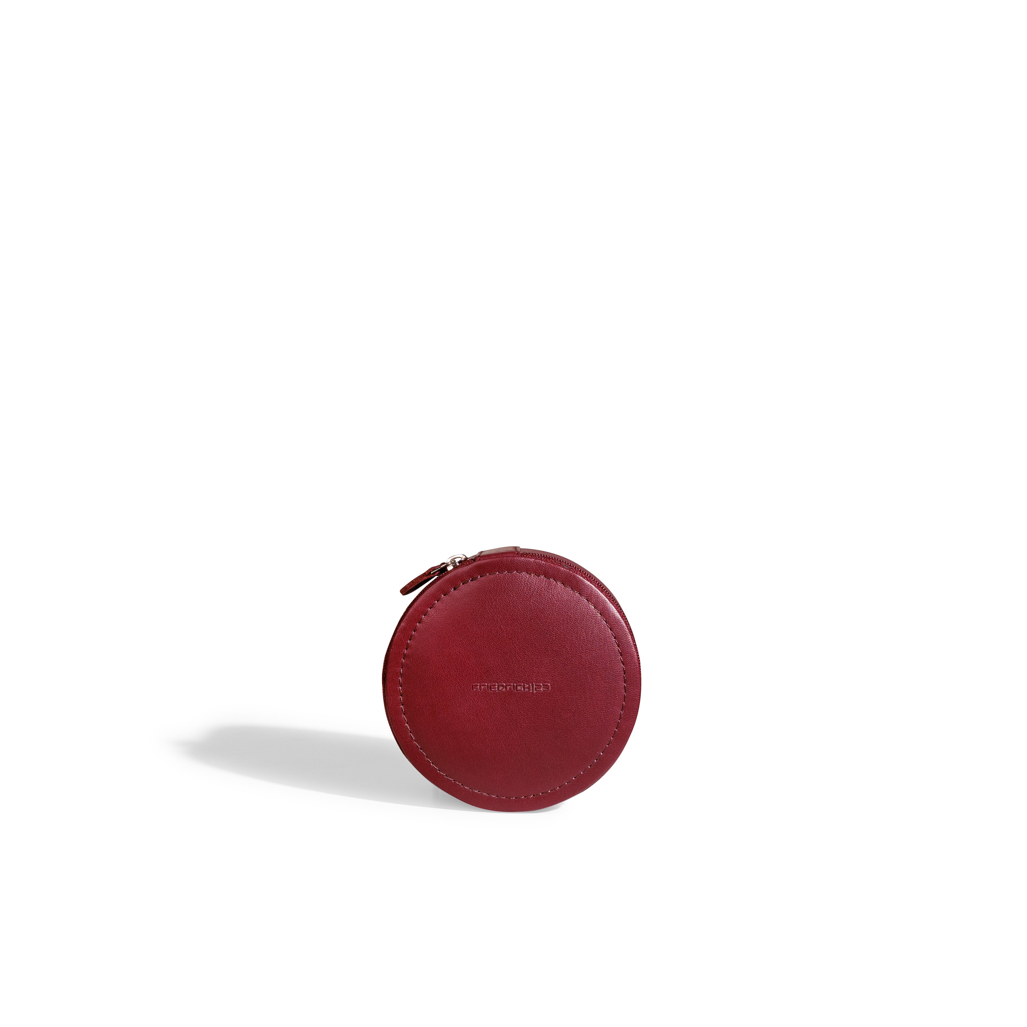 Mini boite à bijoux ronde en cuir véritable Sienna, bordeaux, vue fermée sur la tranche
