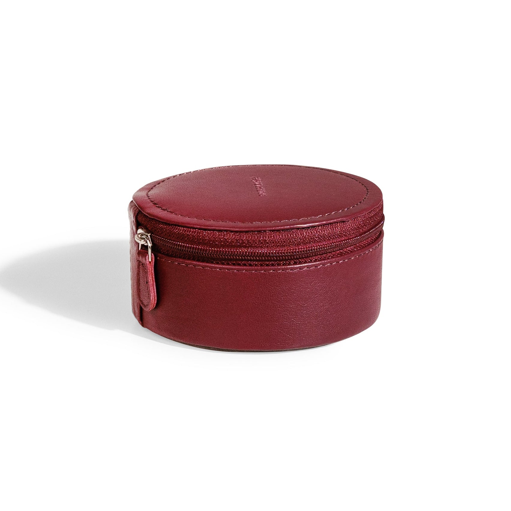 Mini boite à bijoux ronde en cuir véritable Sienna, bordeaux, vue fermée
