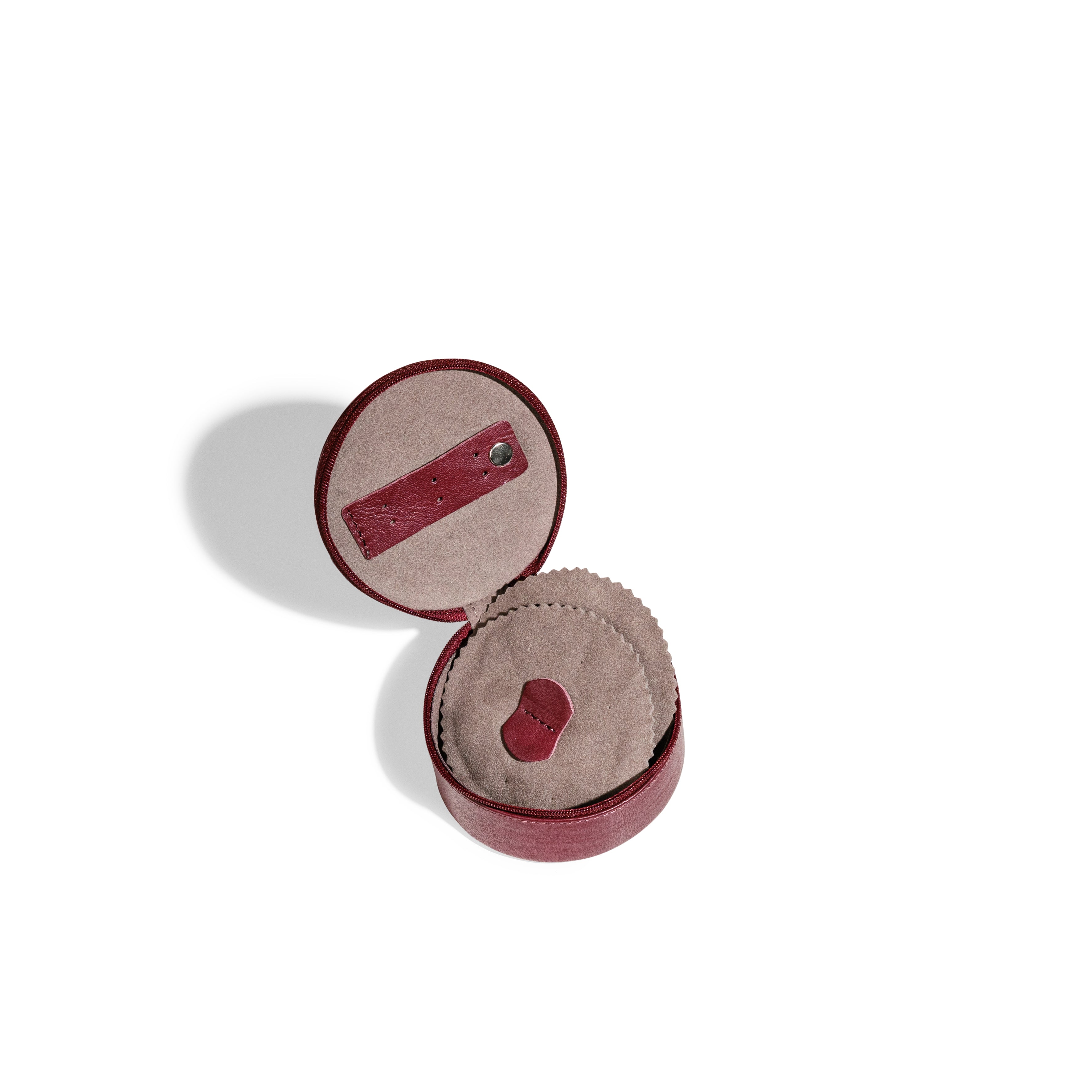 Mini boite à bijoux ronde en cuir véritable Sienna, bordeaux, vue ouverte