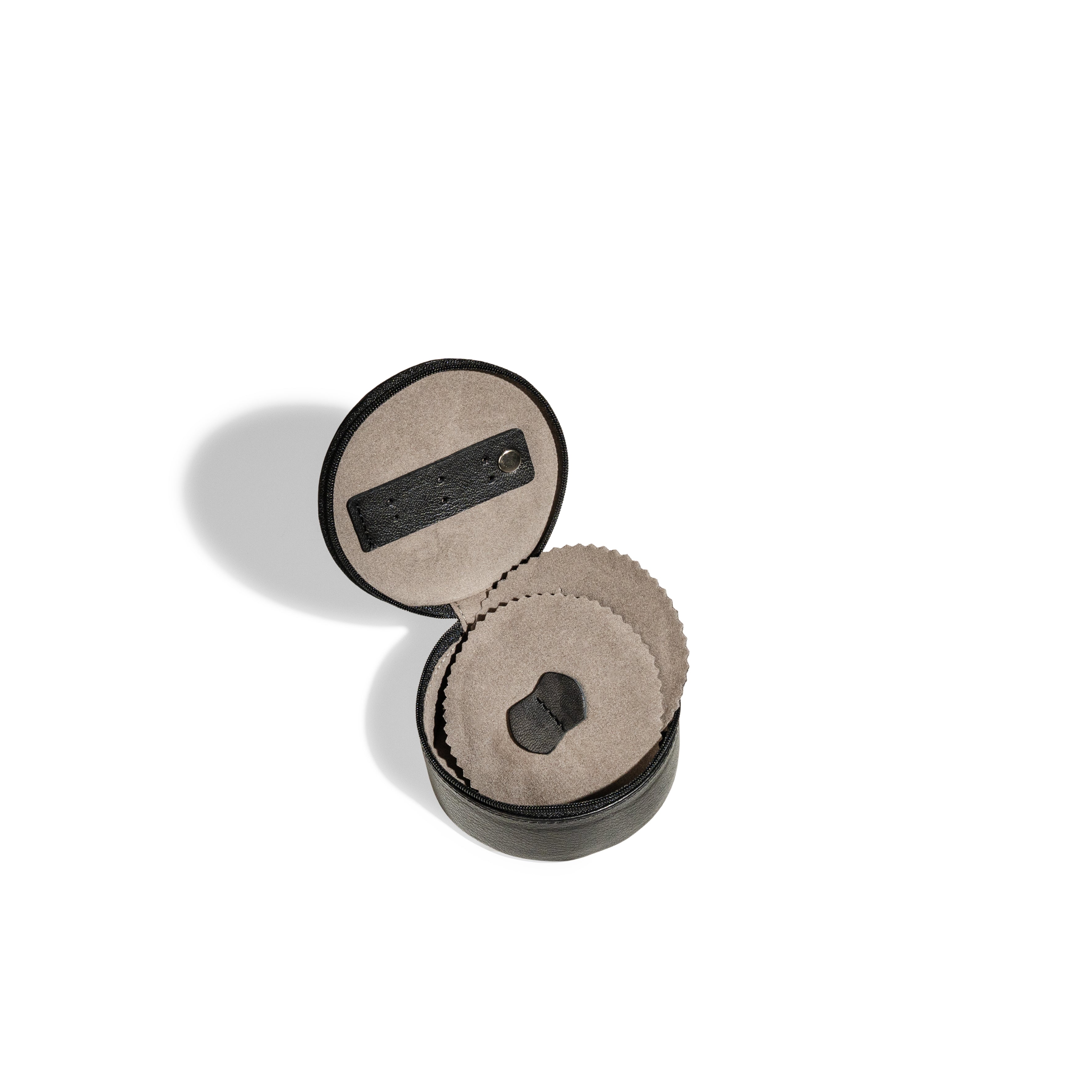 Mini boite à bijoux ronde en cuir véritable Sienna, noire, vue ouverte