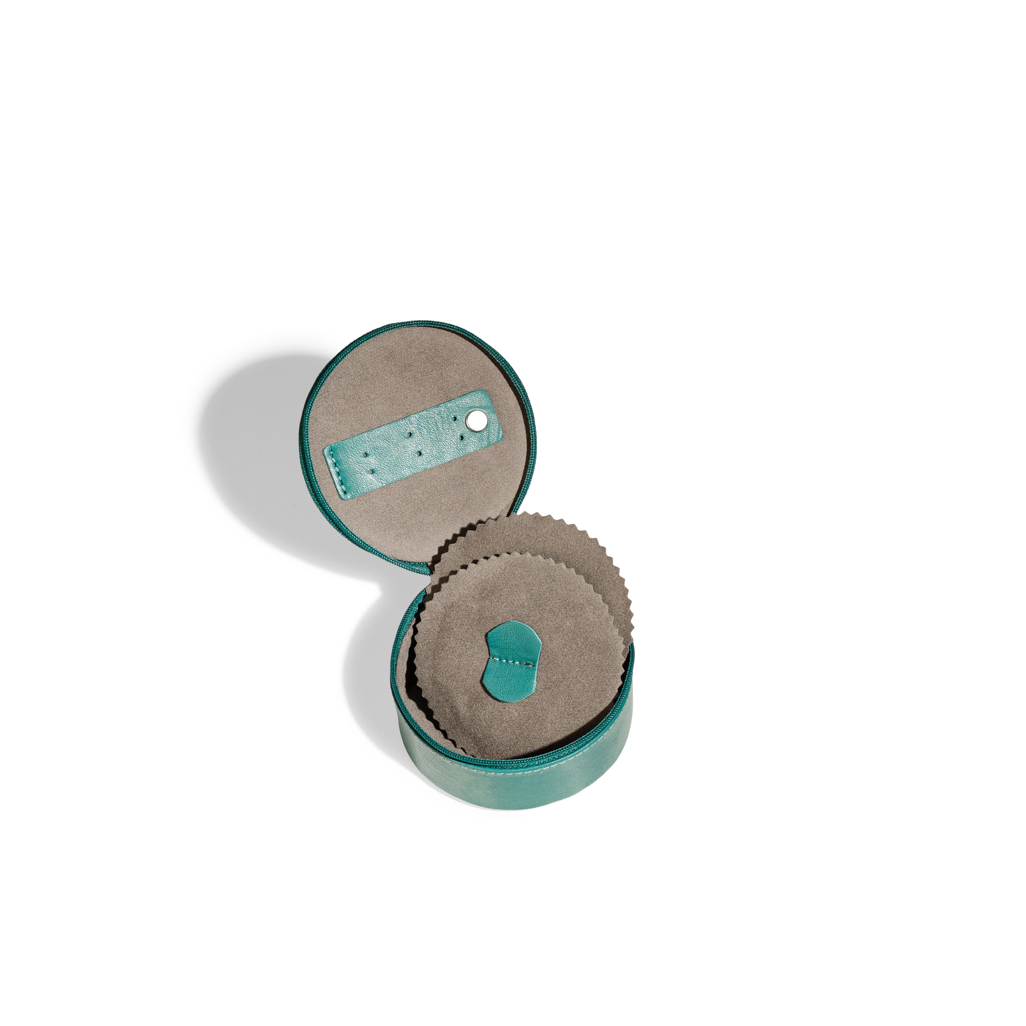 Mini boite à bijoux ronde en cuir véritable Sienna, vert turquoise, vue ouverte