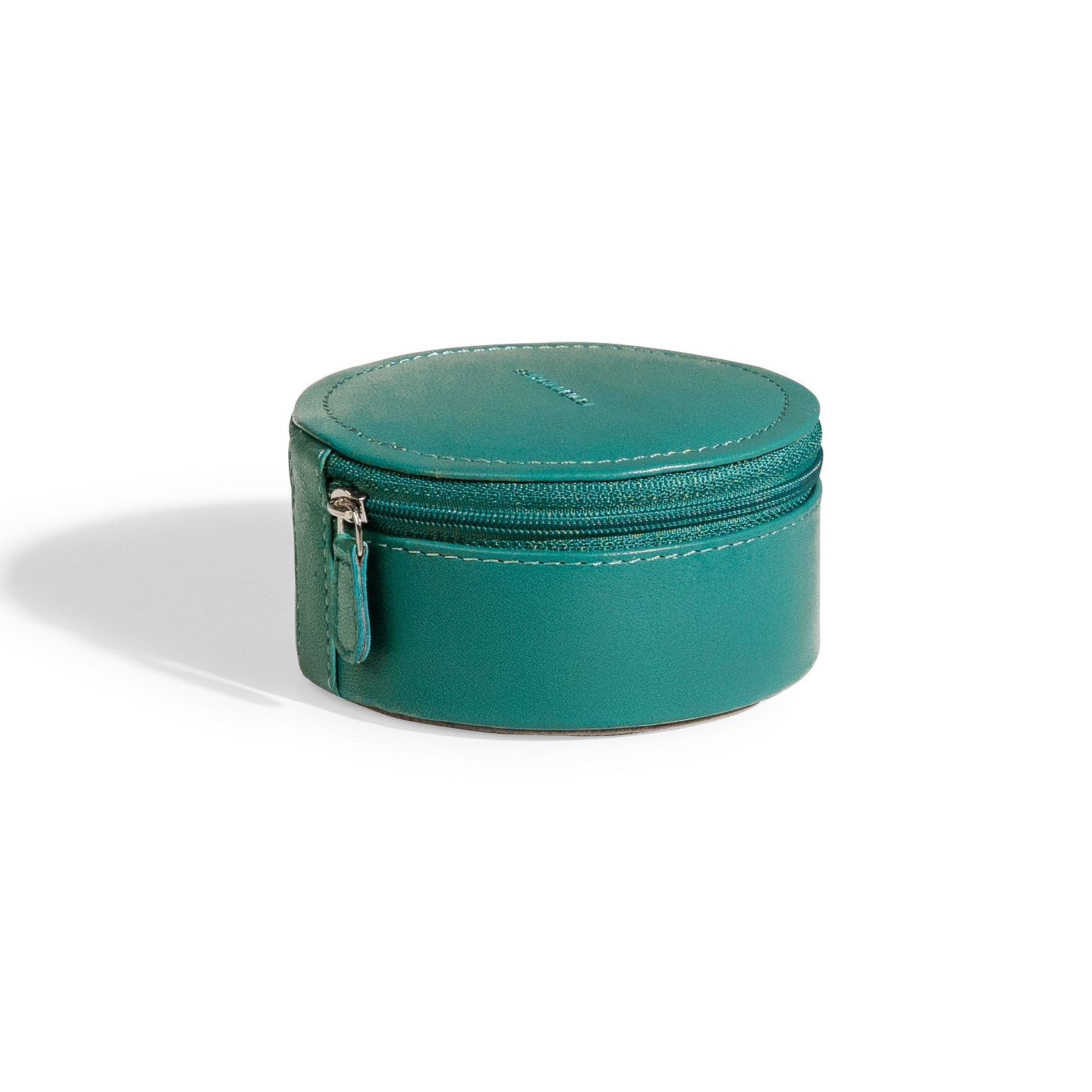 Mini boite à bijoux ronde en cuir véritable Sienna, vert turquoise, vue fermée
