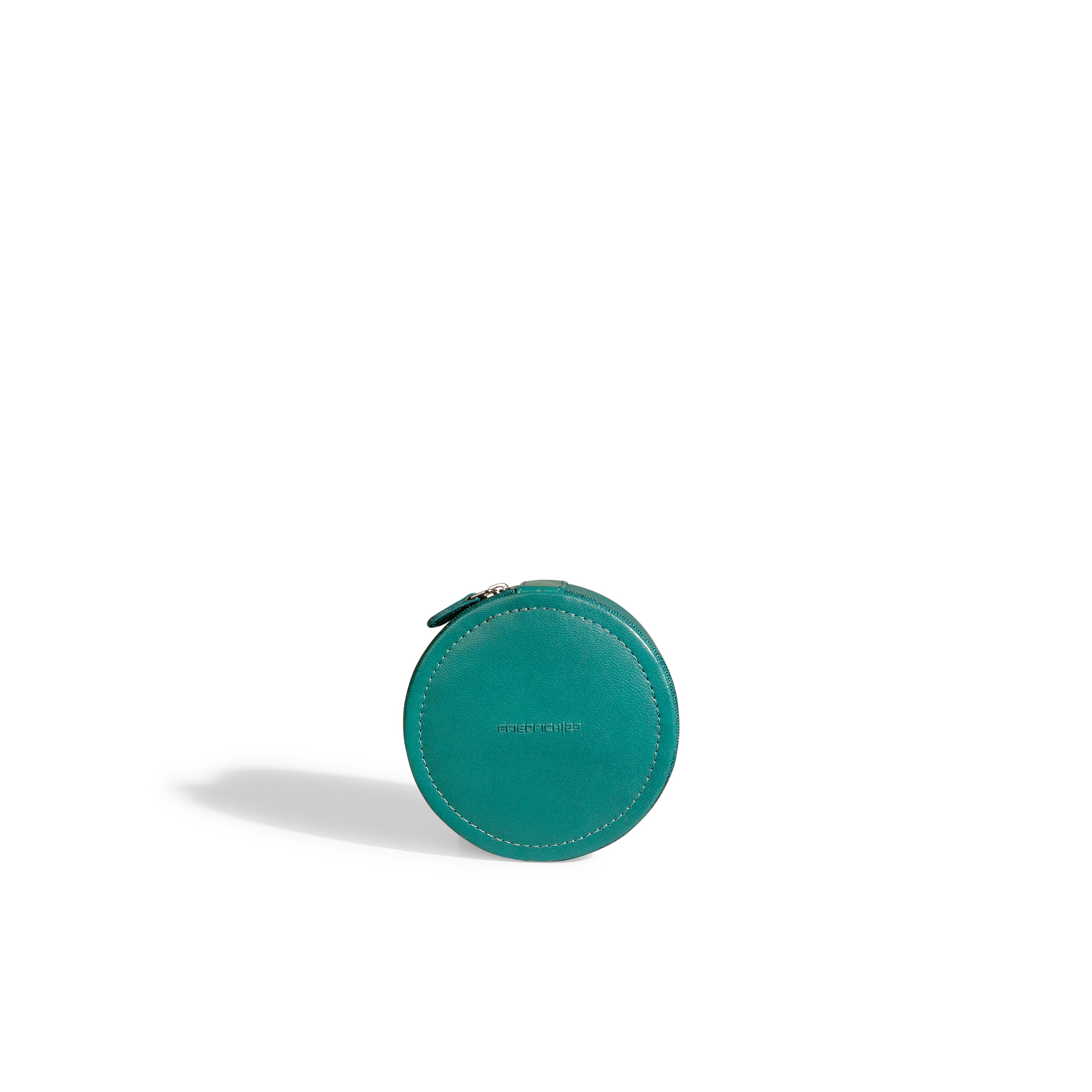 Mini boite à bijoux ronde en cuir véritable Sienna, vert turquoise, vue fermée sur la tranche