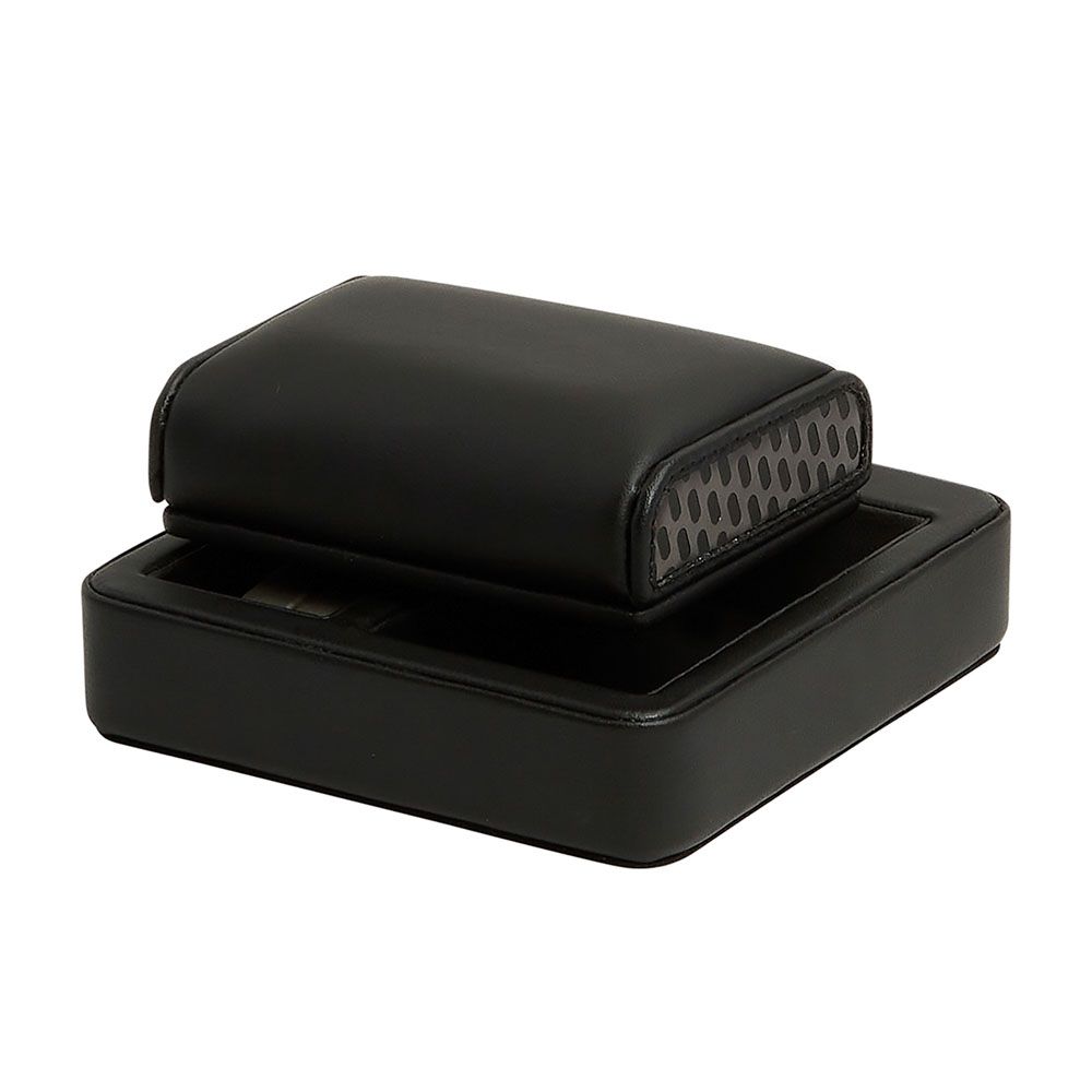 Porte-montre en similicuir noir avec coussin rembourré et base carrée assortie comprenant un compartiment de rangement intégré