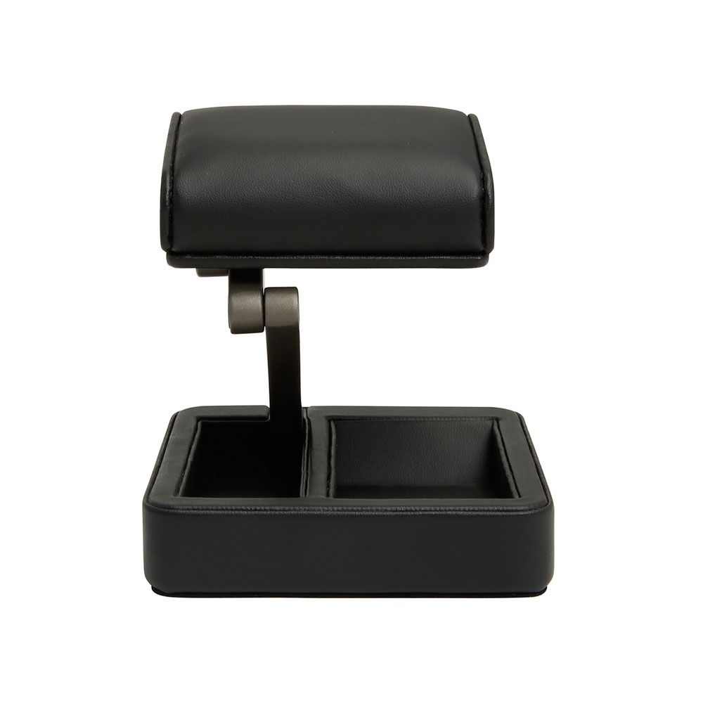Porte-montre en similicuir noir avec coussin rembourré et base carrée assortie comprenant un compartiment de rangement intégré