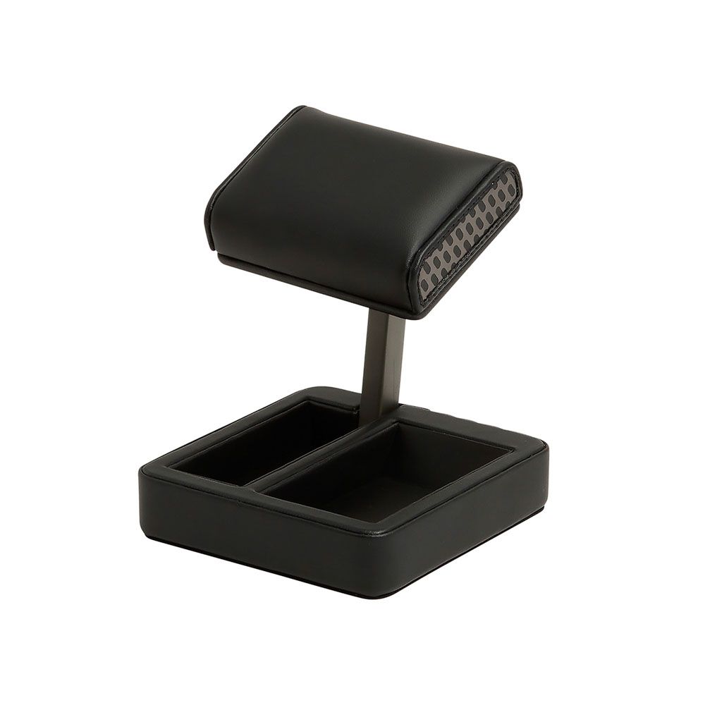 Porte-montre en similicuir noir avec coussin rembourré et base carrée assortie comprenant un compartiment de rangement intégré