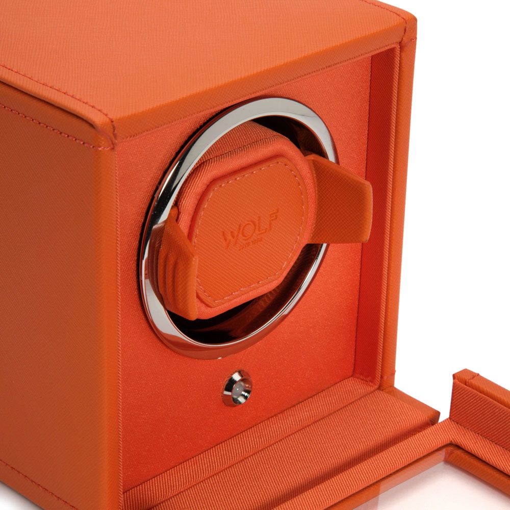 Remontoir à montres Wolf, en cuir orange avec intérieur assorti