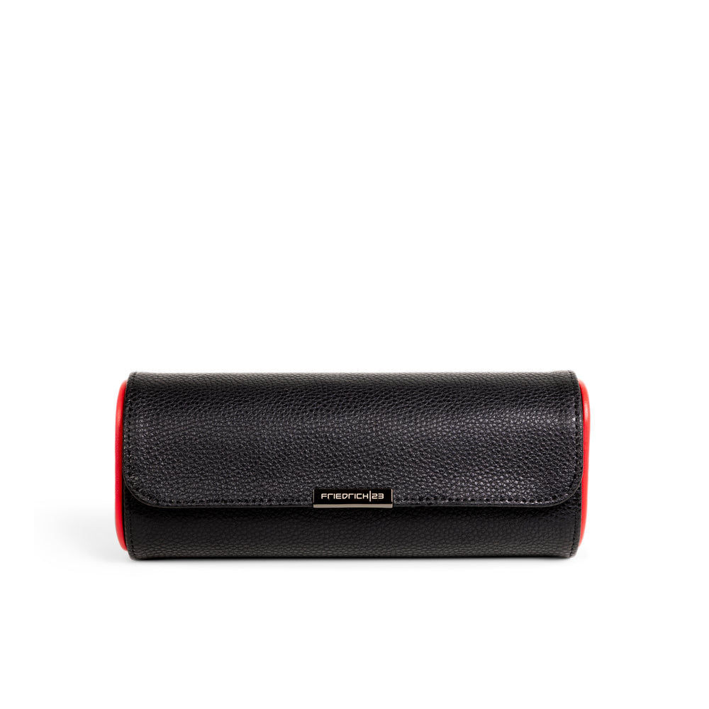 Etui à montre en cuir noir avec passepoil rouge Maranello, trois emplacements. Vue fermée de face sur fond blanc
