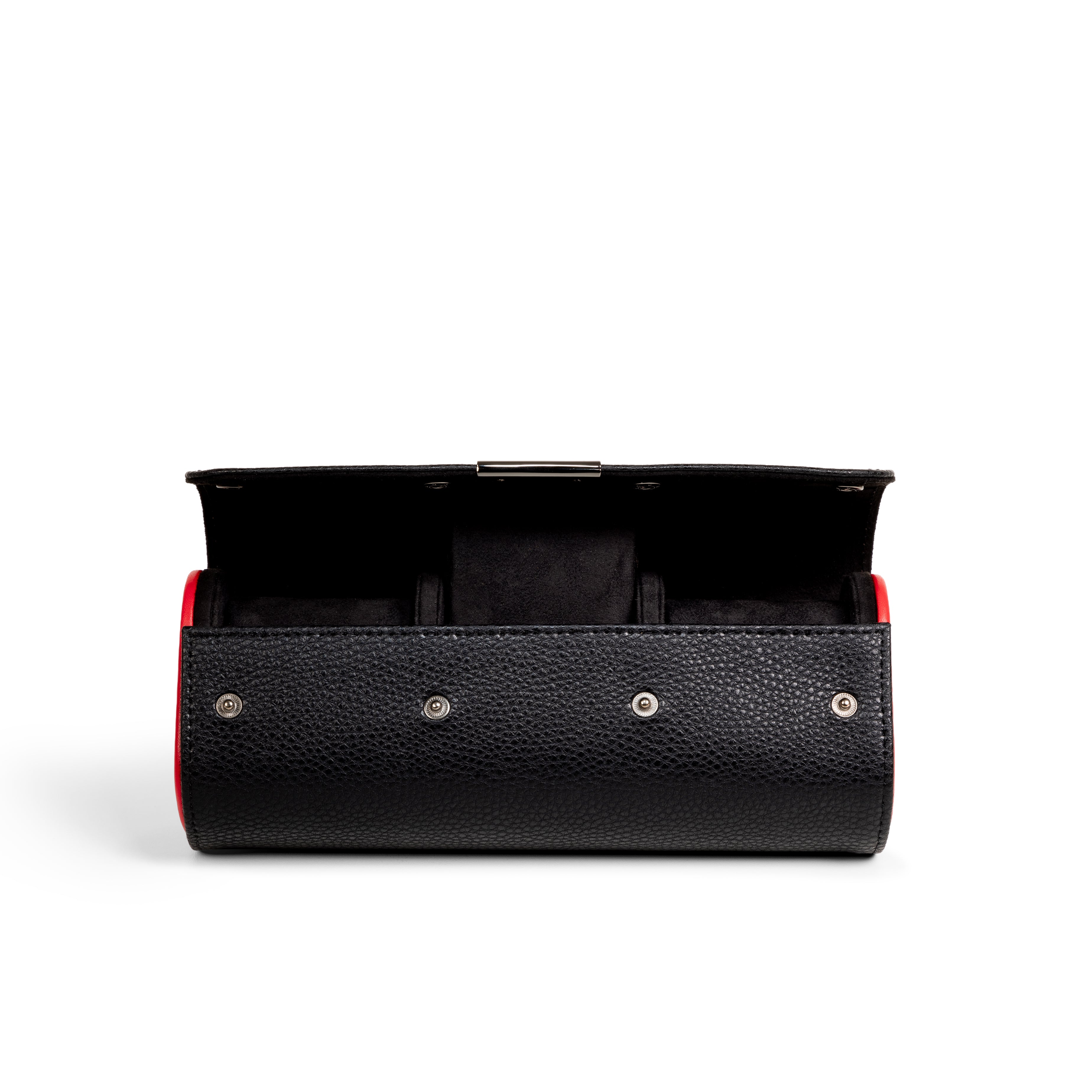 Etui à montre en cuir noir avec passepoil rouge Maranello, trois emplacements. Vue ouverte de face sur fond blanc