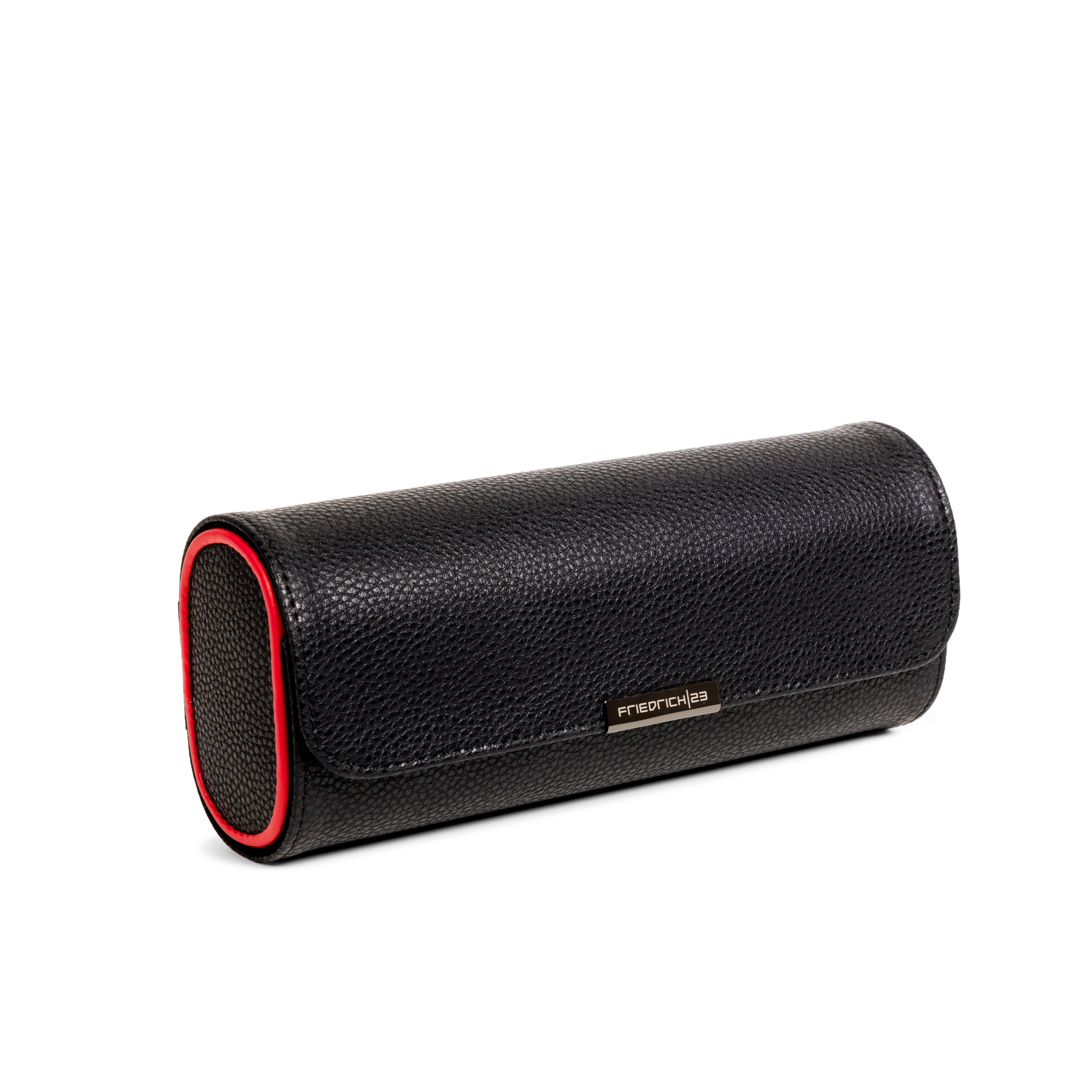 Etui à montre en cuir noir avec passepoil rouge Maranello, trois emplacements. Vue fermée de face transverse sur fond blanc