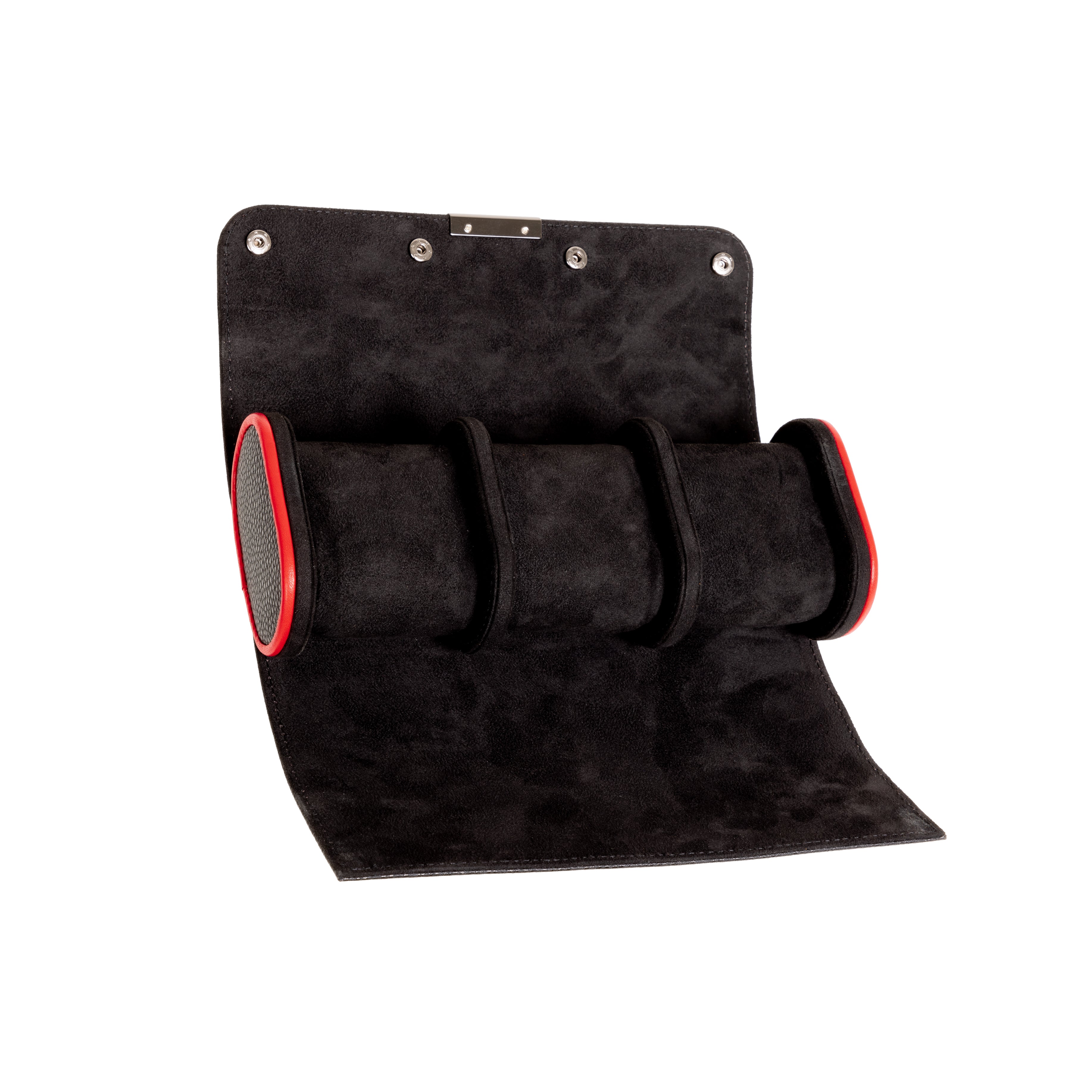Etui à montre en cuir noir avec passepoil rouge Maranello, trois emplacements. Vue grande ouverte de face transverse sur fond blanc