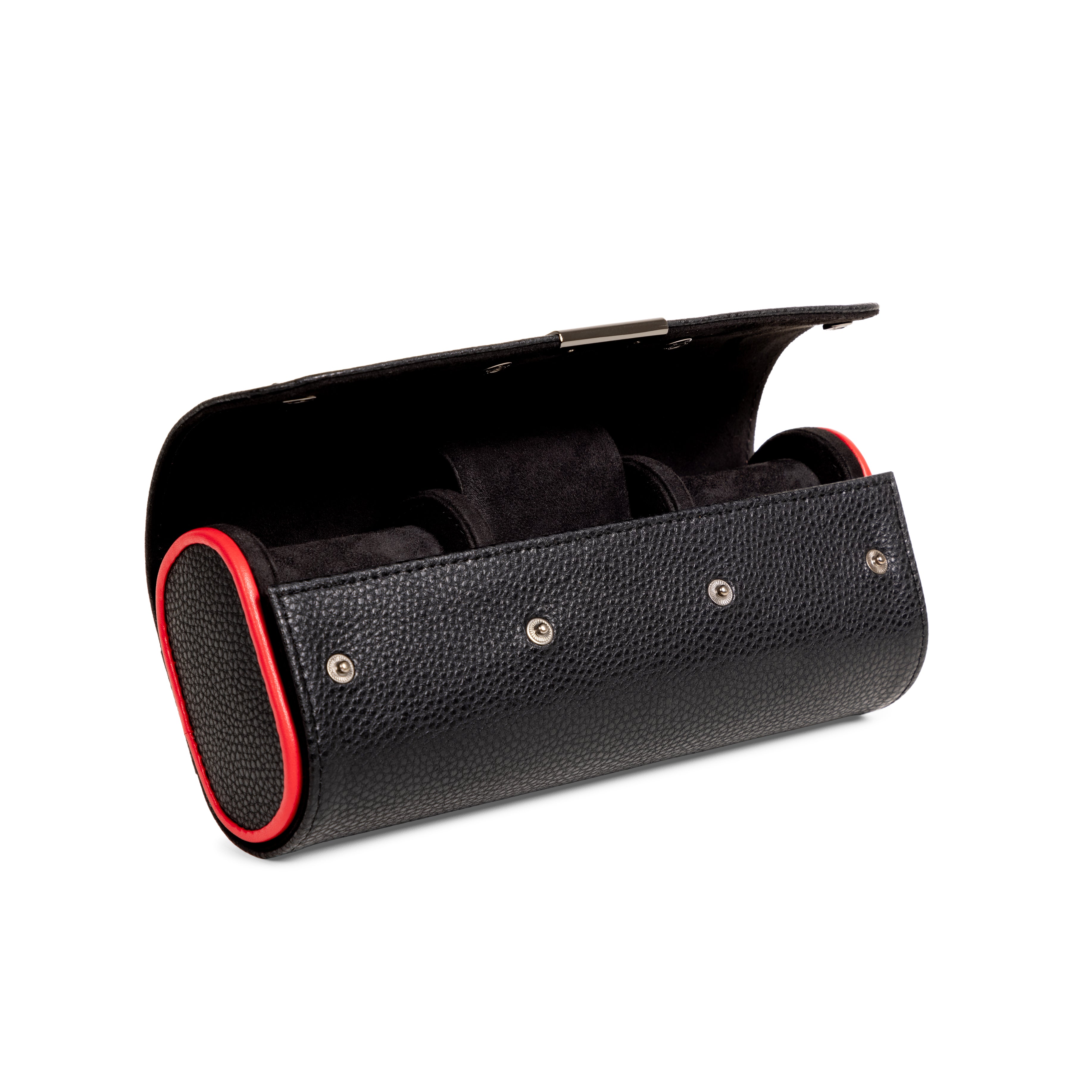 Etui à montre en cuir noir avec passepoil rouge Maranello, trois emplacements. Vue ouverte de face transverse sur fond blanc