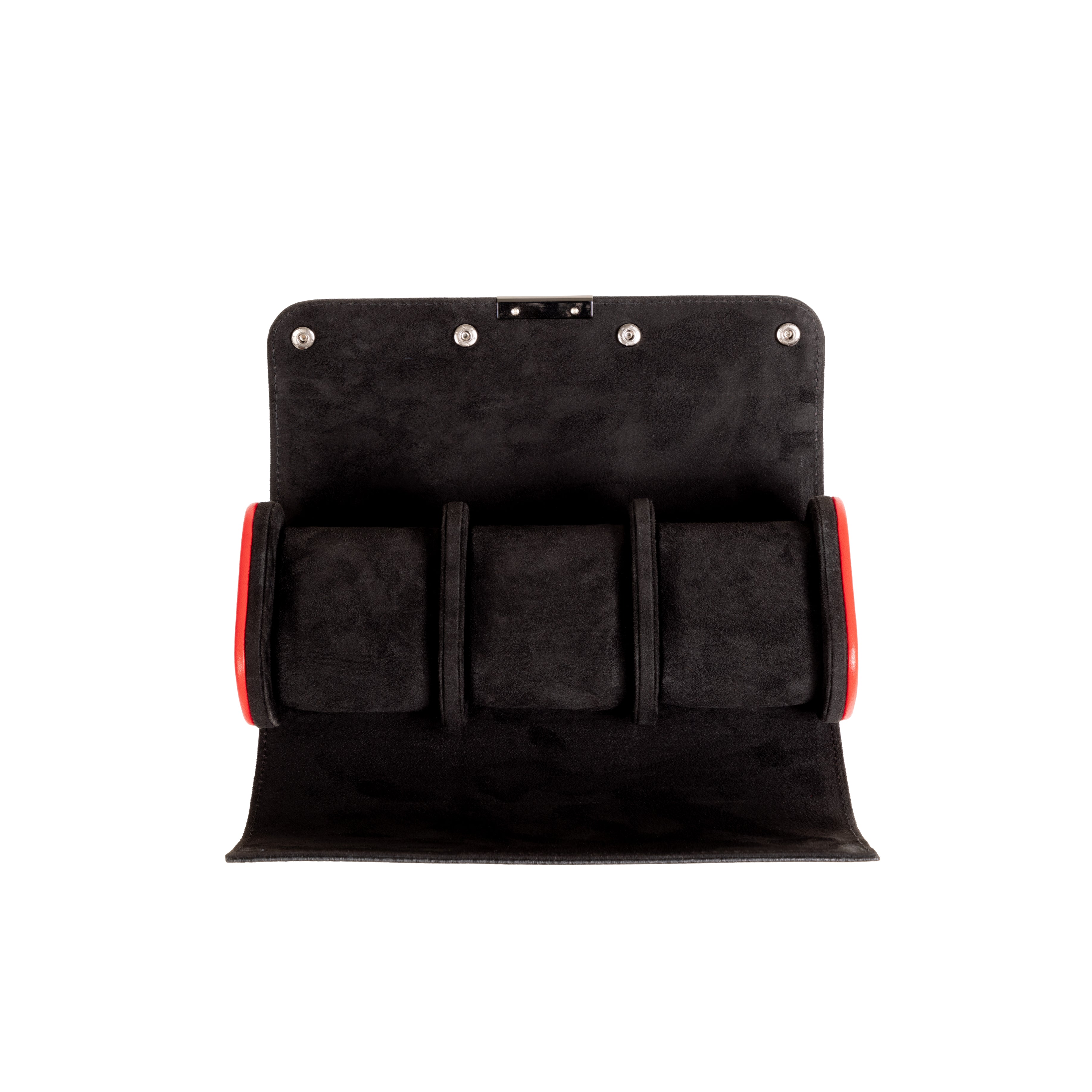 Etui à montre en cuir noir avec passepoil rouge Maranello, trois emplacements. Vue ouverte de face sur fond blanc