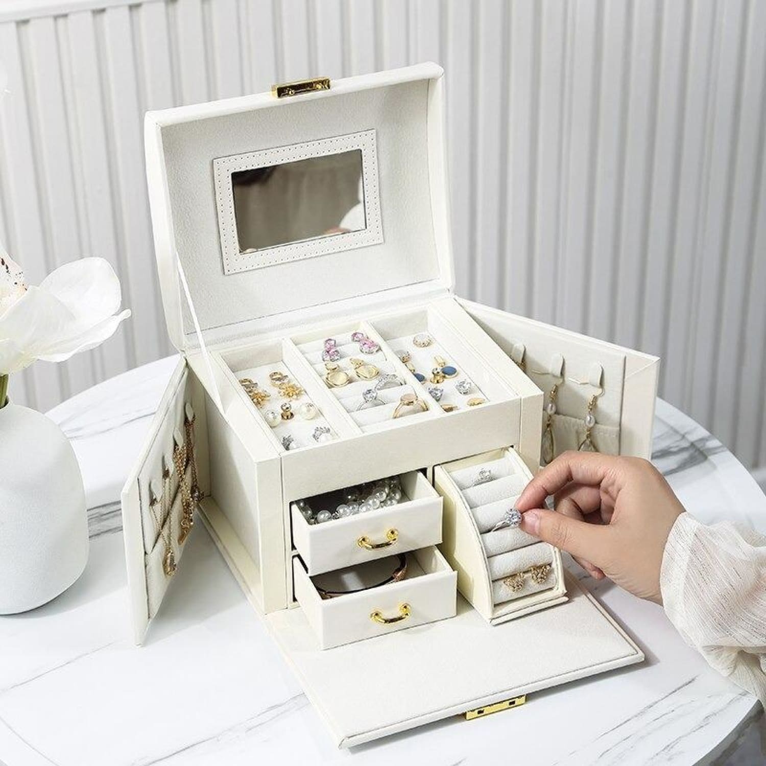 Coffret à Bijoux en Similicuir Blanc - Royaume de la Boîte